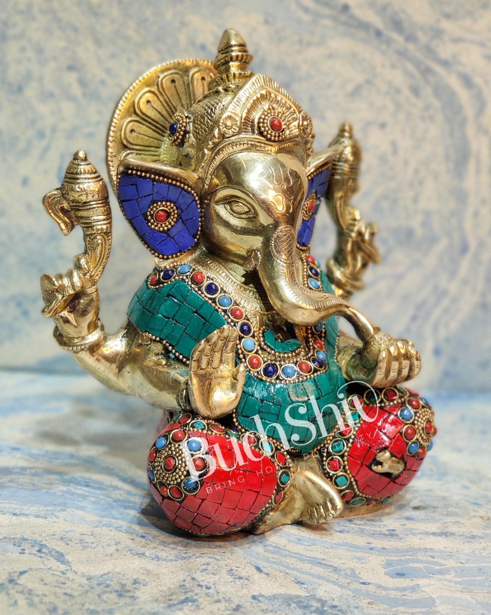 Ganesha enchanting brass idol with meenakari stonework | suitable for office desk/study table/ temple