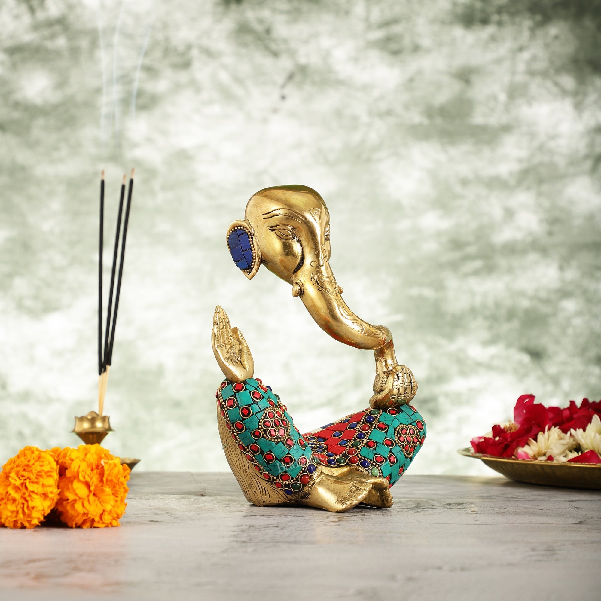 Ganesha modern Idol Abstract Brass with stonework 8.5 inch