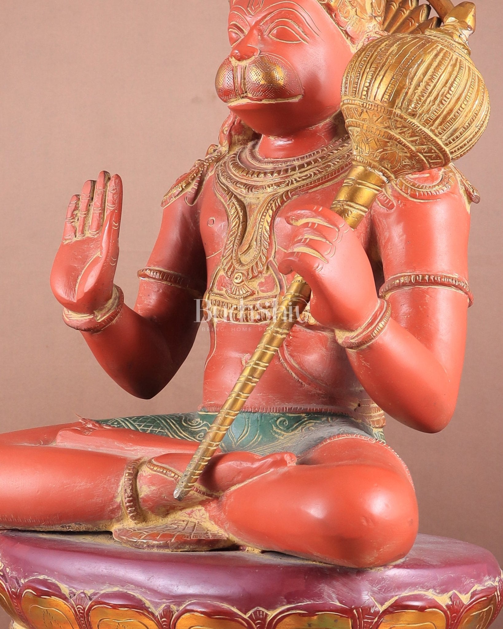 Brass Handcrafted Brass Blessing Hanuman Sculpture - 18" Height, Sindoor red tone