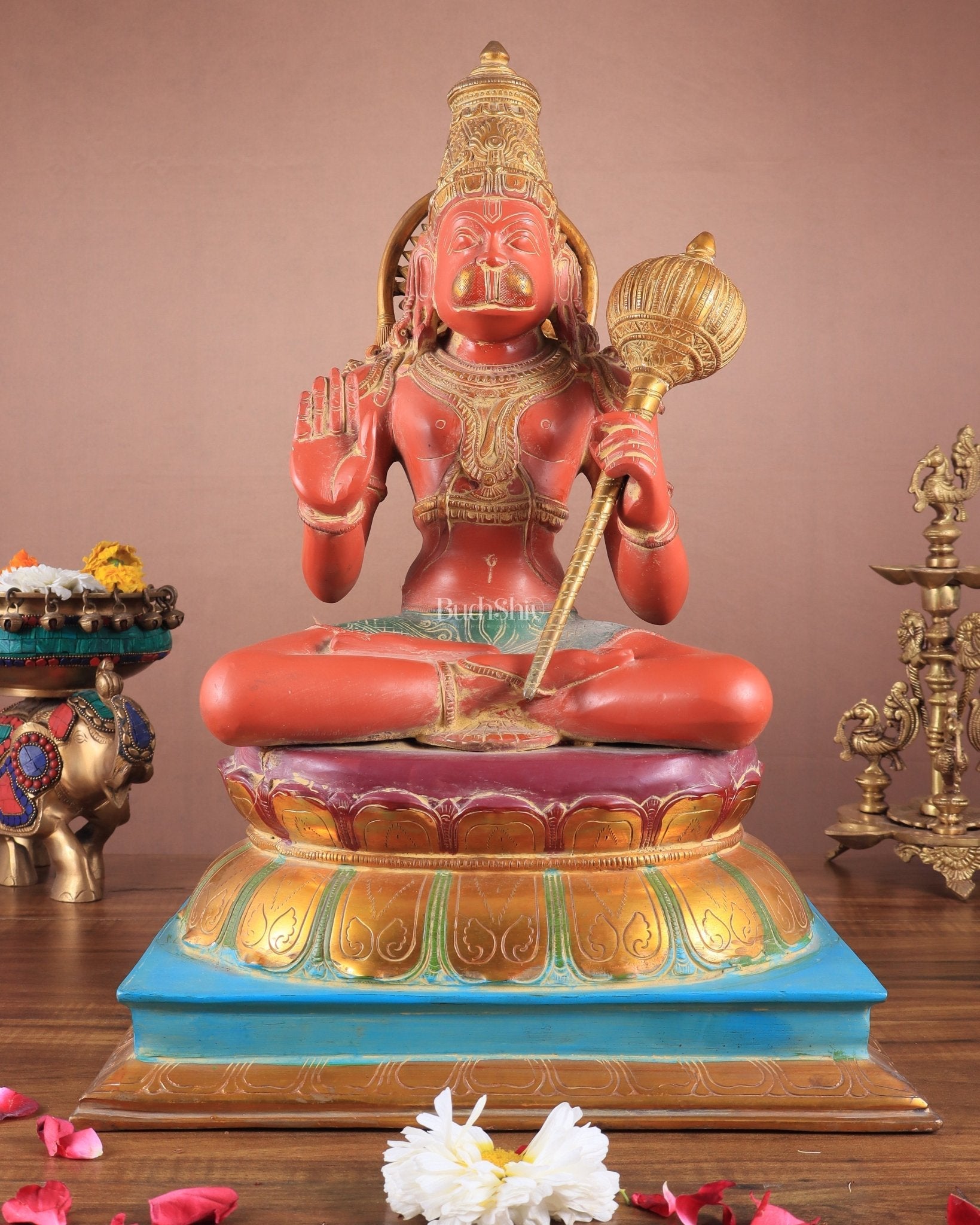 Brass Handcrafted Brass Blessing Hanuman Sculpture - 18" Height, Sindoor red tone