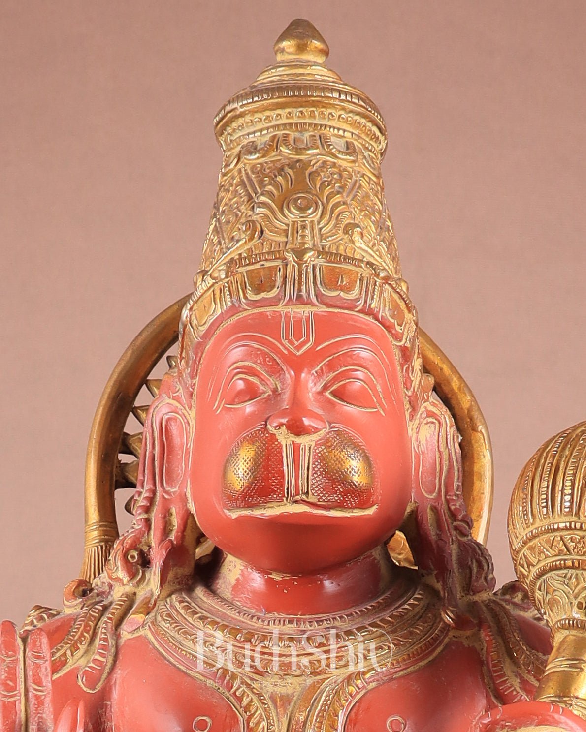 Brass Handcrafted Brass Blessing Hanuman Sculpture - 18" Height, Sindoor red tone