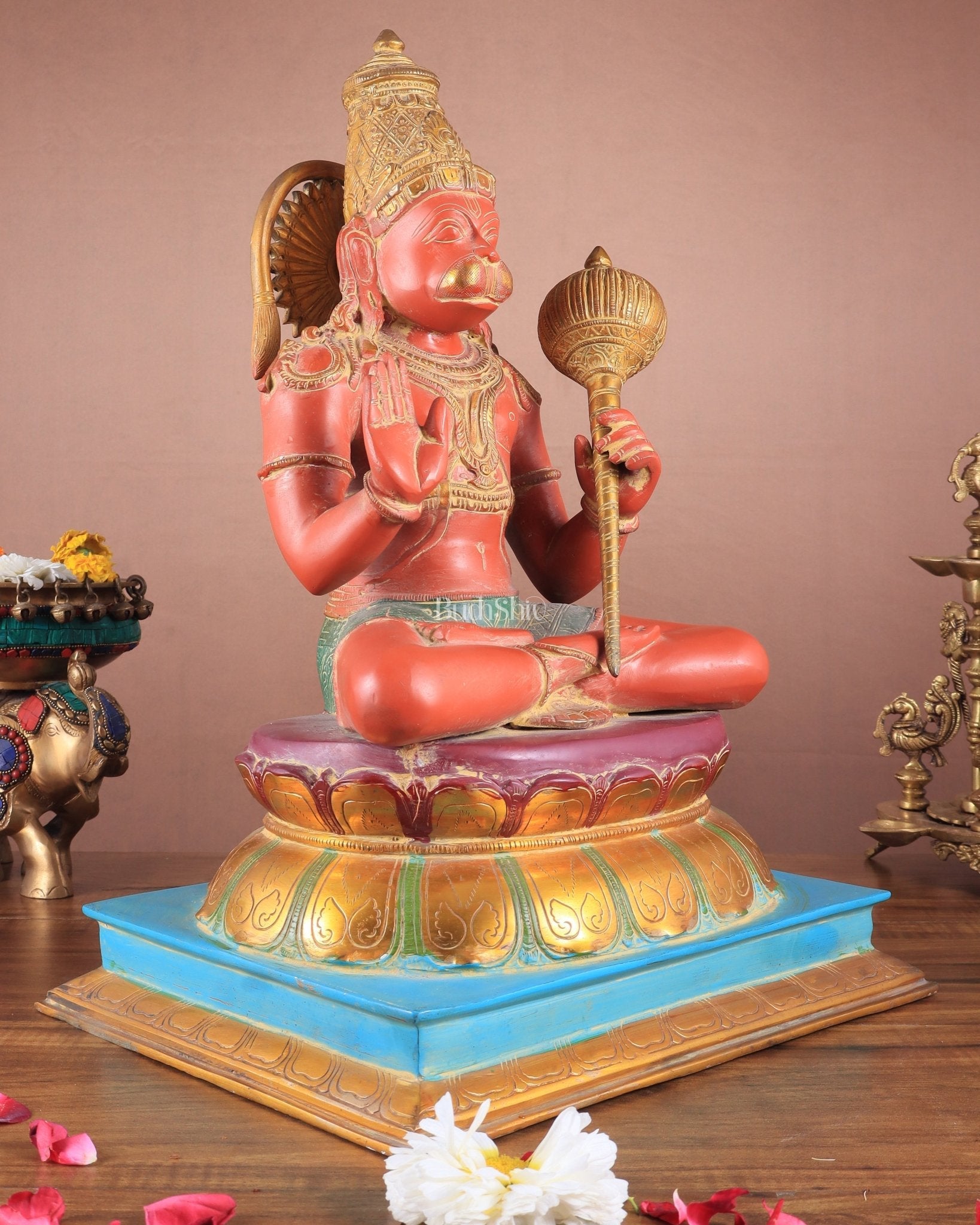 Brass Handcrafted Brass Blessing Hanuman Sculpture - 18" Height, Sindoor red tone