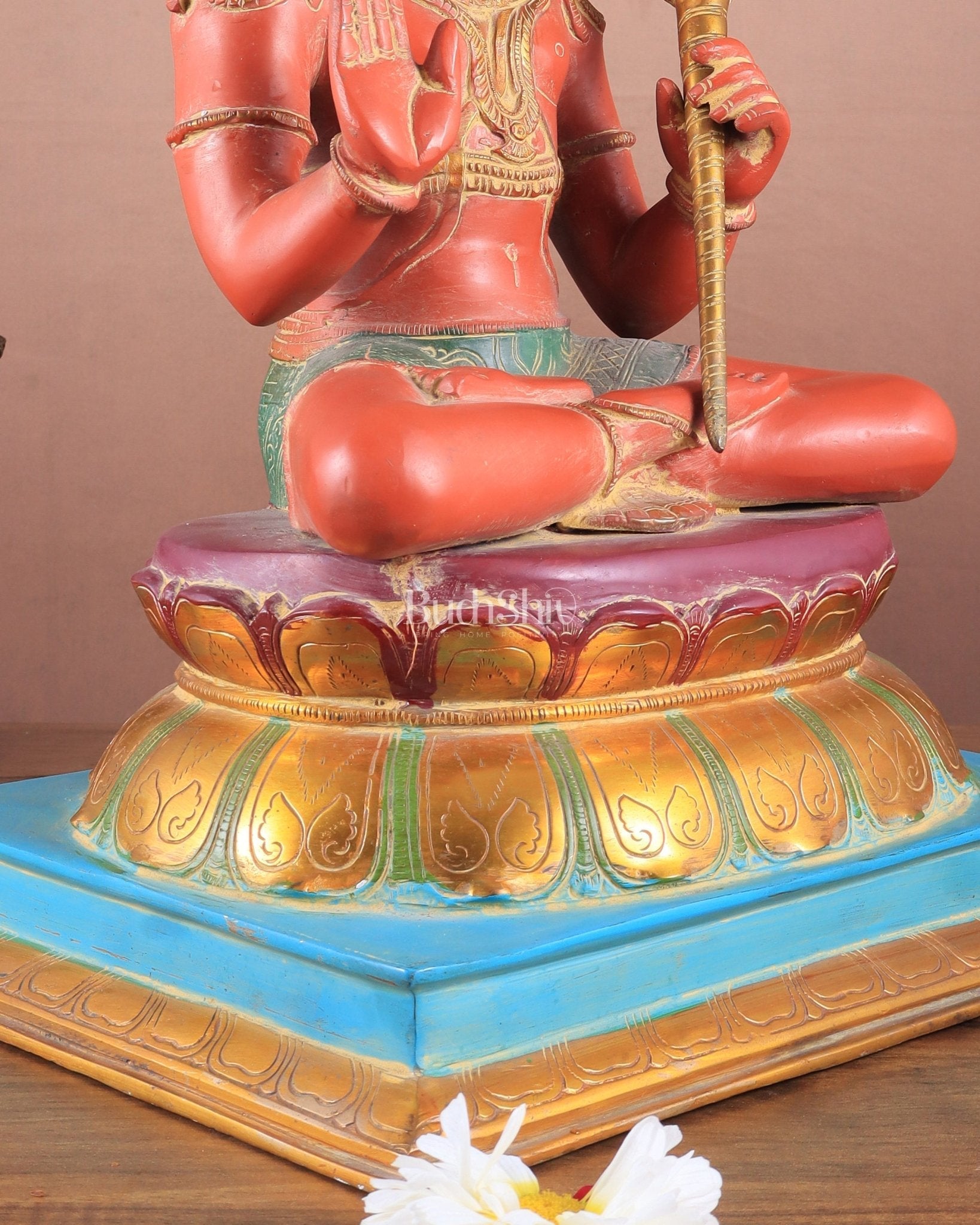 Brass Handcrafted Brass Blessing Hanuman Sculpture - 18" Height, Sindoor red tone