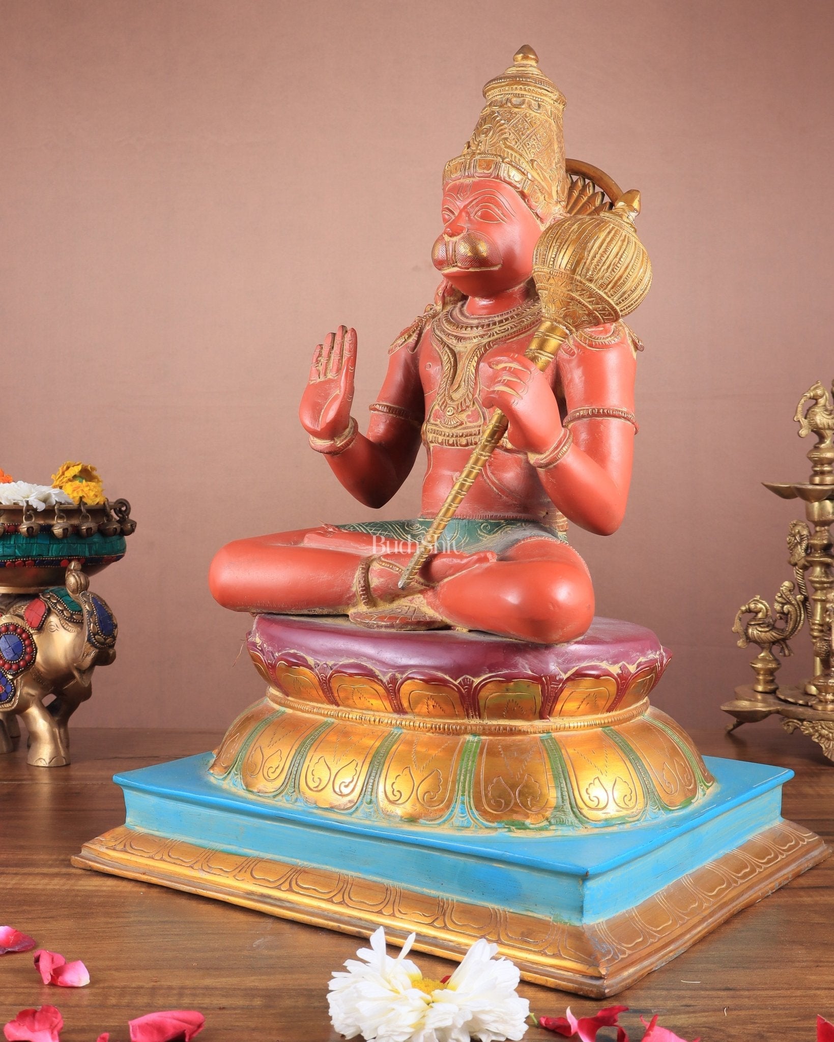 Brass Handcrafted Brass Blessing Hanuman Sculpture - 18" Height, Sindoor red tone