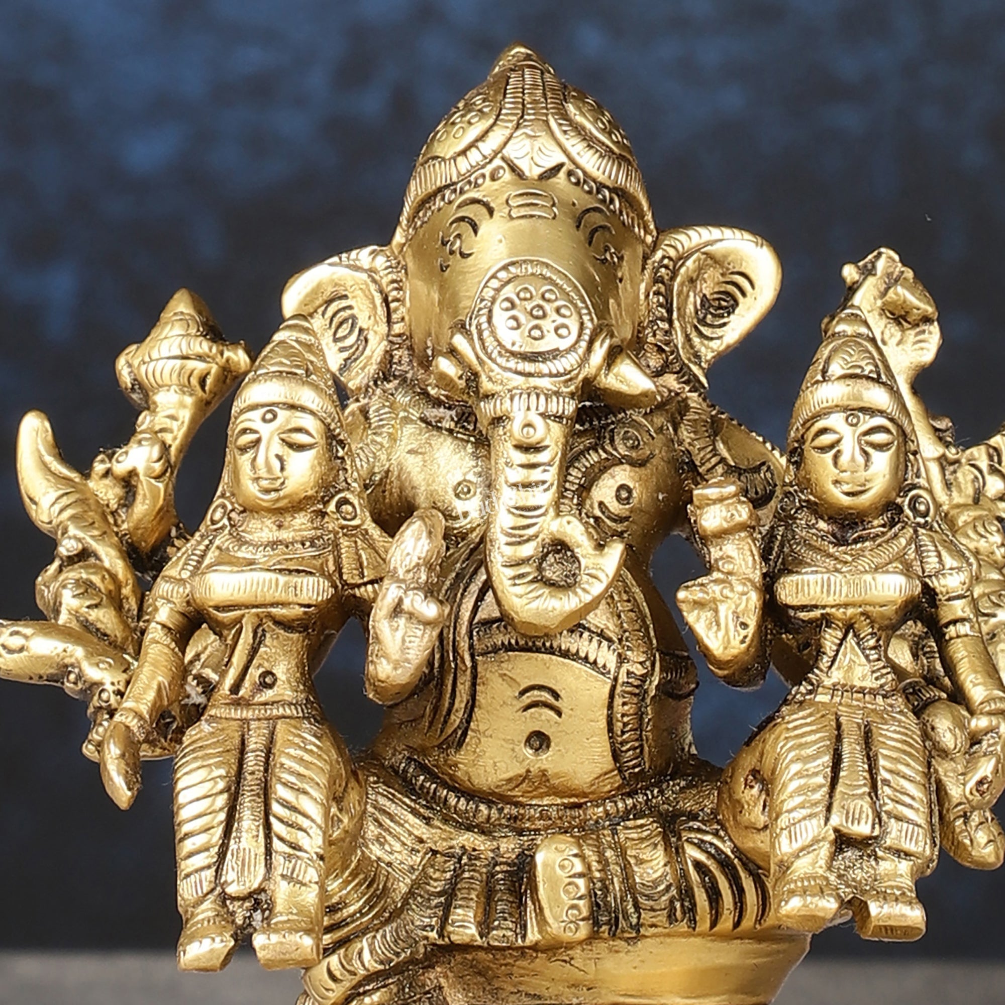 Handcrafted Brass Ganapathi with Wives Riddhi and Siddhi - 4.5 inches