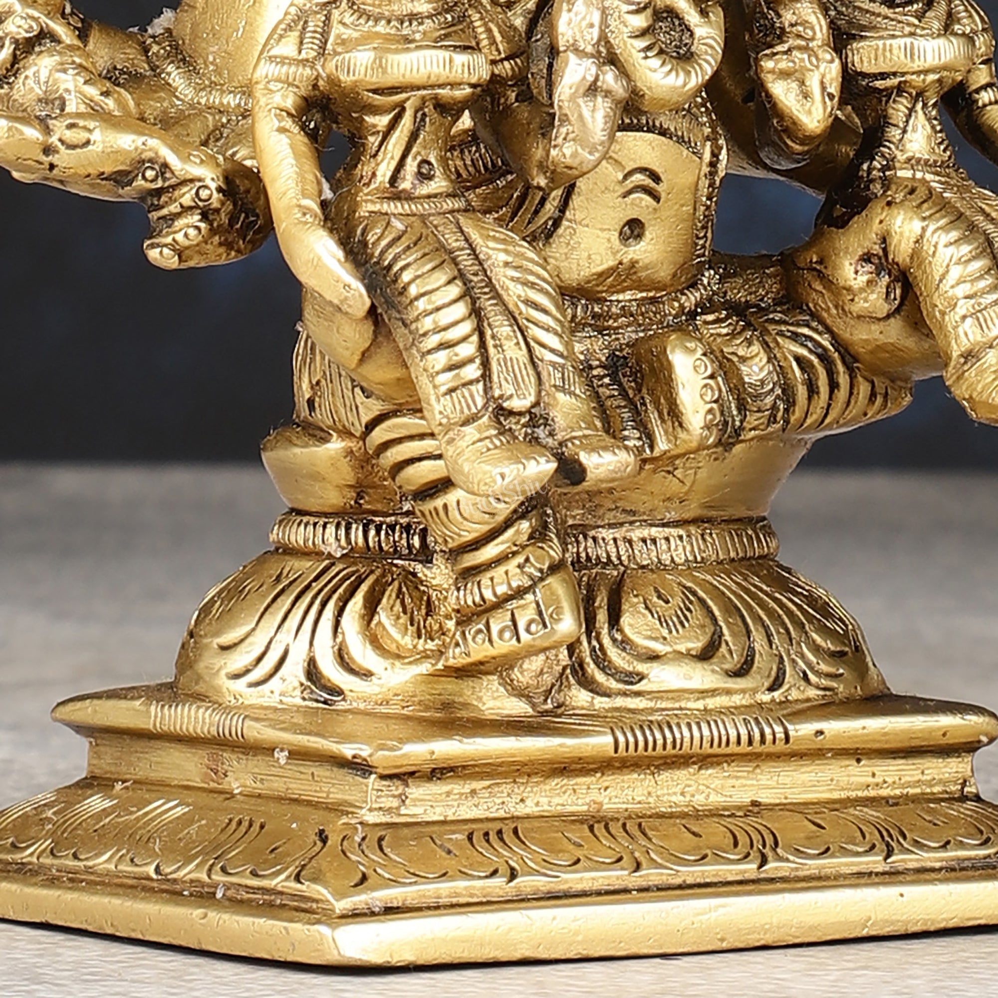 Handcrafted Brass Ganapathi with Wives Riddhi and Siddhi - 4.5 inches