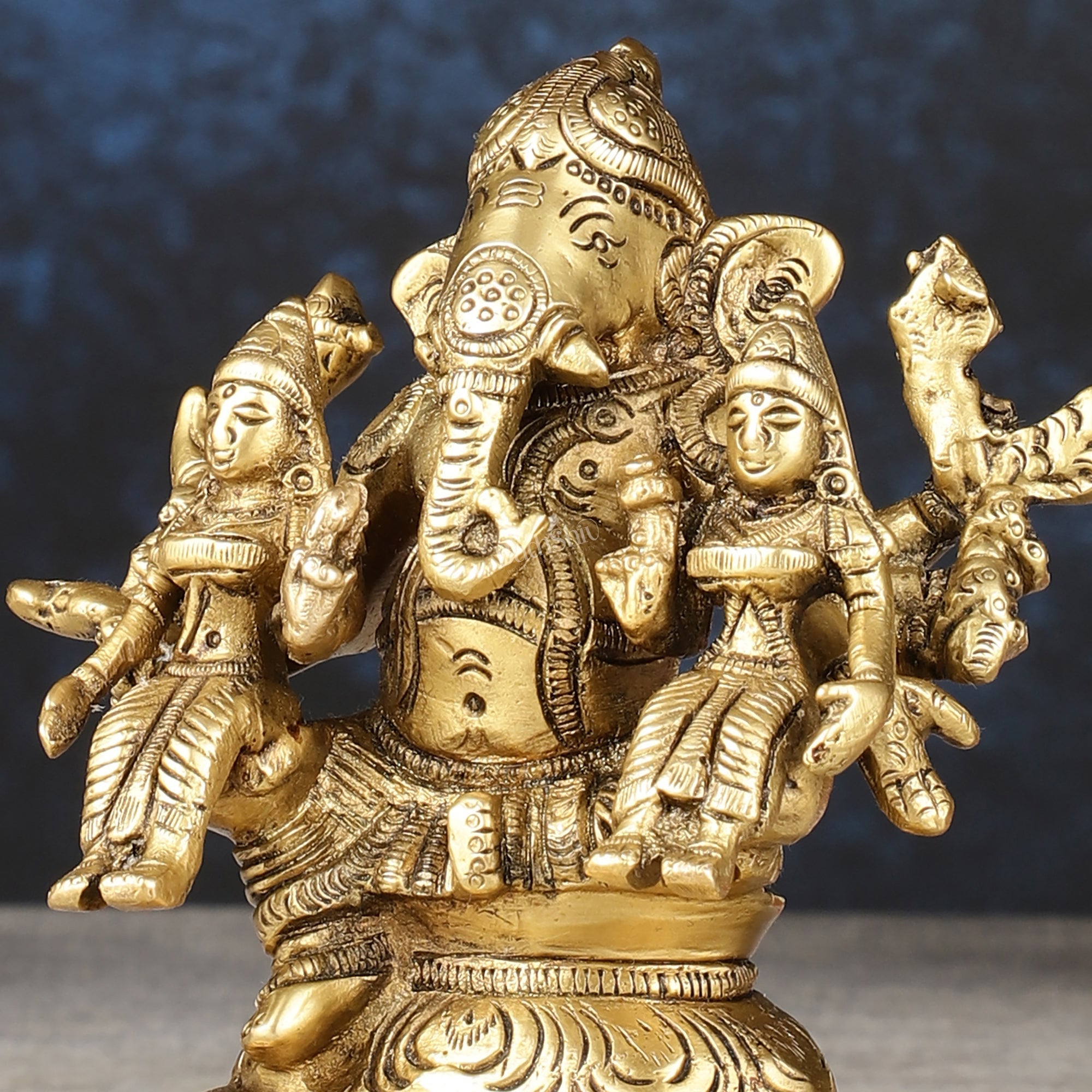 Handcrafted Brass Ganapathi with Wives Riddhi and Siddhi - 4.5 inches