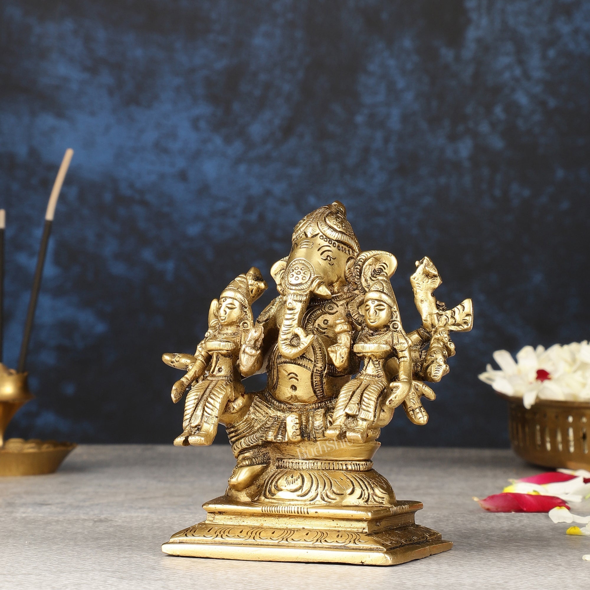 Handcrafted Brass Ganapathi with Wives Riddhi and Siddhi - 4.5 inches