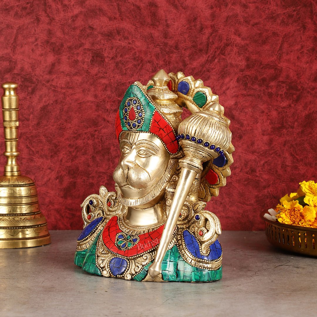 Brass Handcrafted Brass Hanuman Ji Bust with Multicolour Stonework - 8"