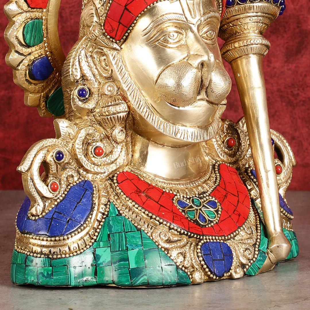 Brass Handcrafted Brass Hanuman Ji Bust with Multicolour Stonework - 8"
