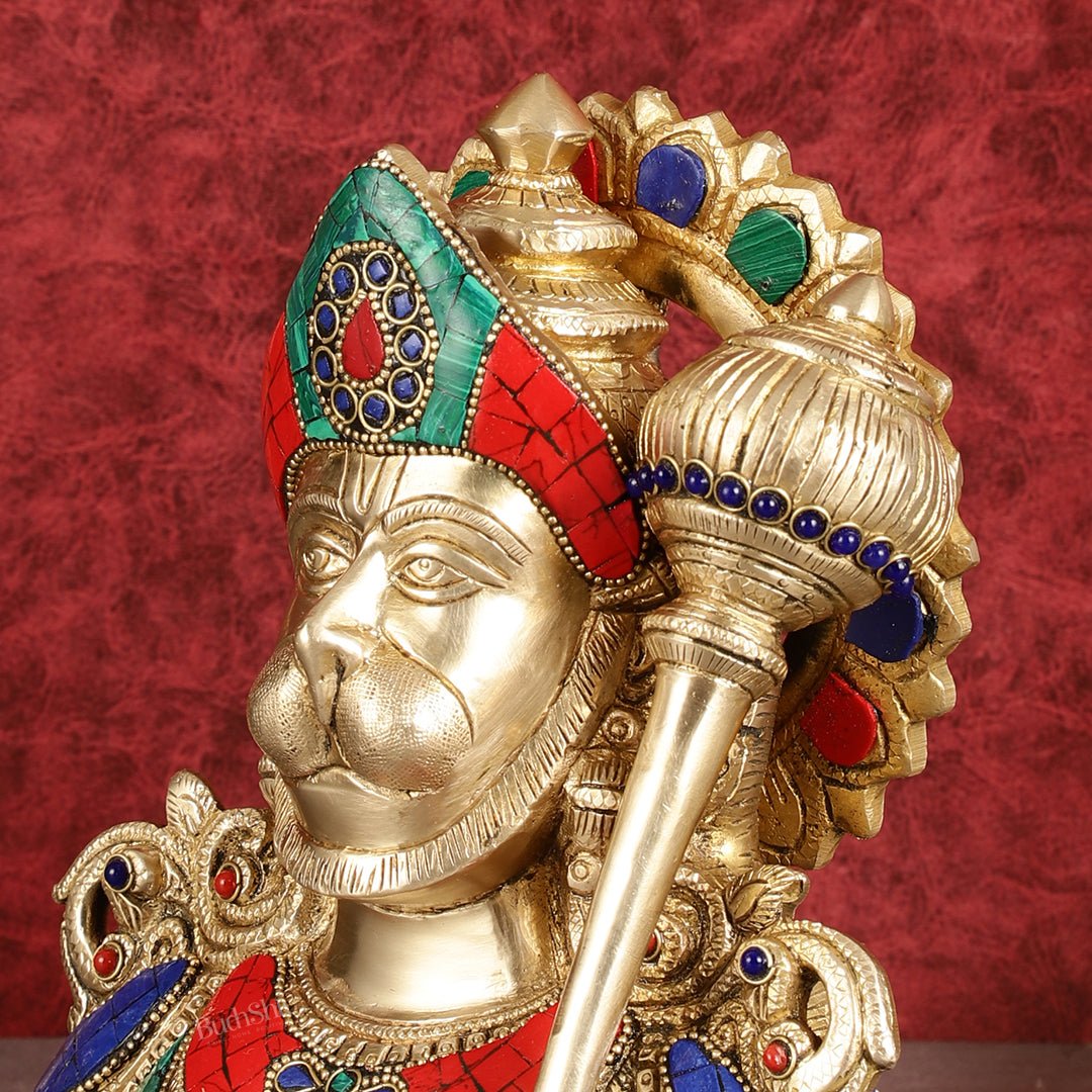 Brass Handcrafted Brass Hanuman Ji Bust with Multicolour Stonework - 8"