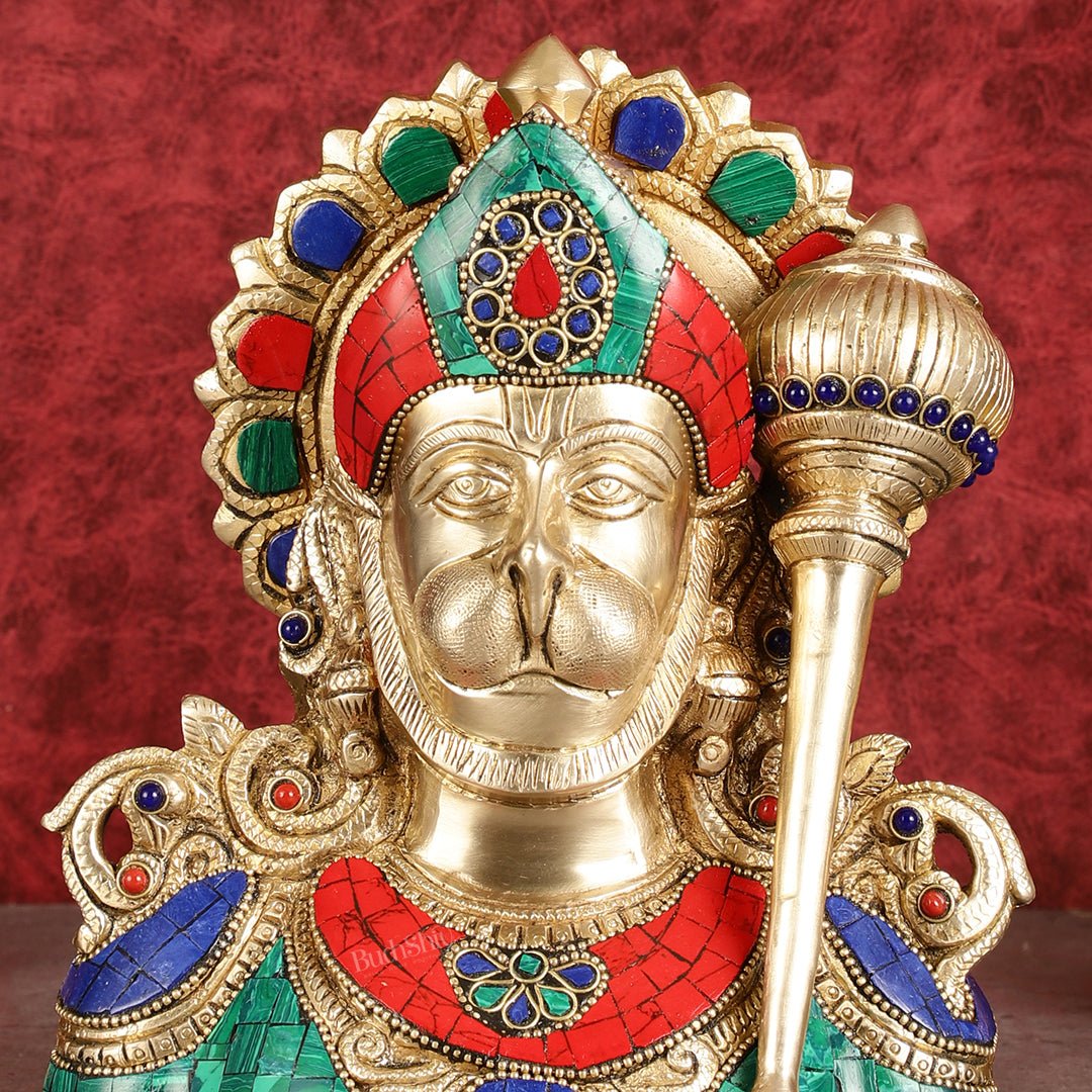 Brass Handcrafted Brass Hanuman Ji Bust with Multicolour Stonework - 8"