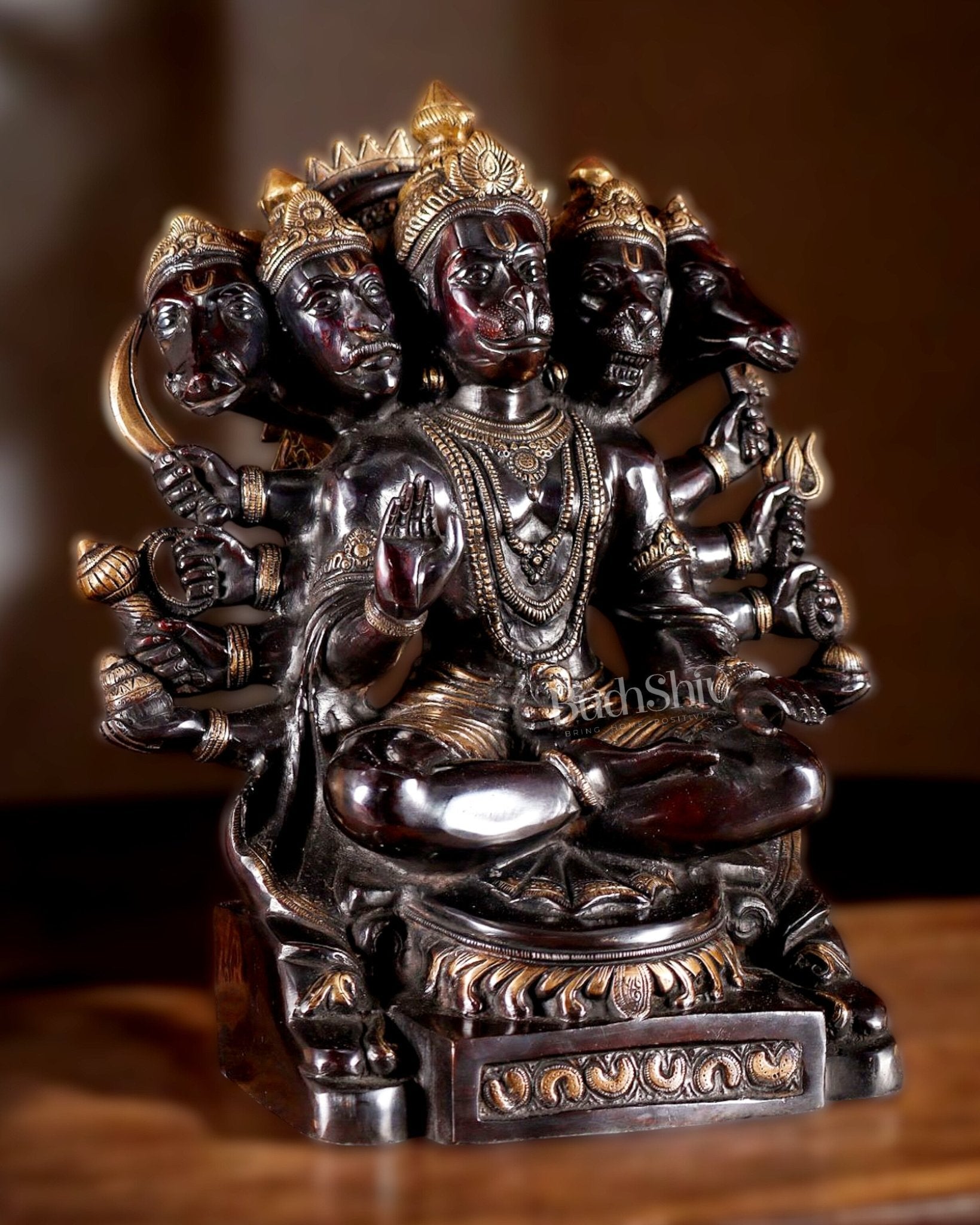 Brass Handcrafted Brass Panchmukhi Hanuman Hanuman Idol - Dual Tone black Gold - 17"