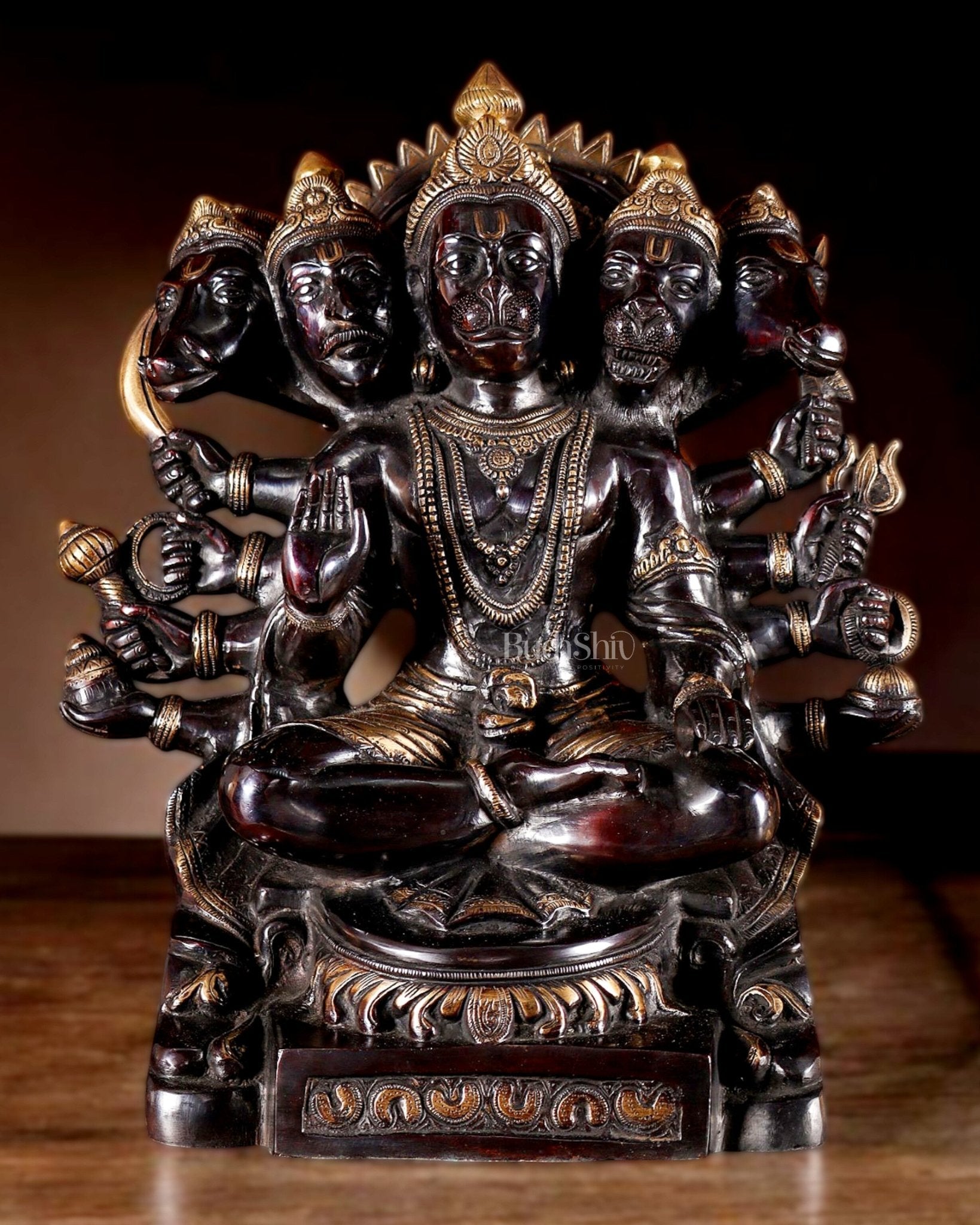 Brass Handcrafted Brass Panchmukhi Hanuman Hanuman Idol - Dual Tone black Gold - 17"