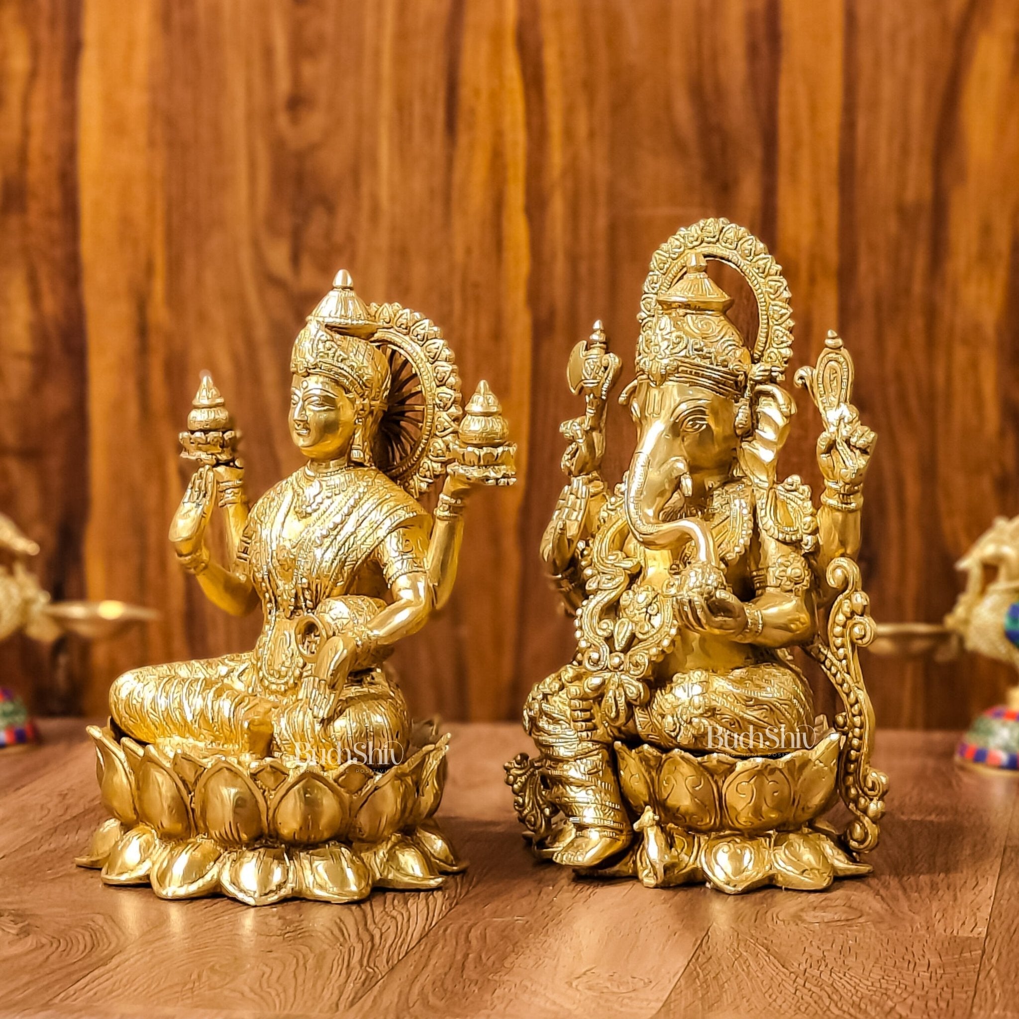 Handcrafted Lord Ganesha and Goddess Lakshmi Brass Idols 12"
