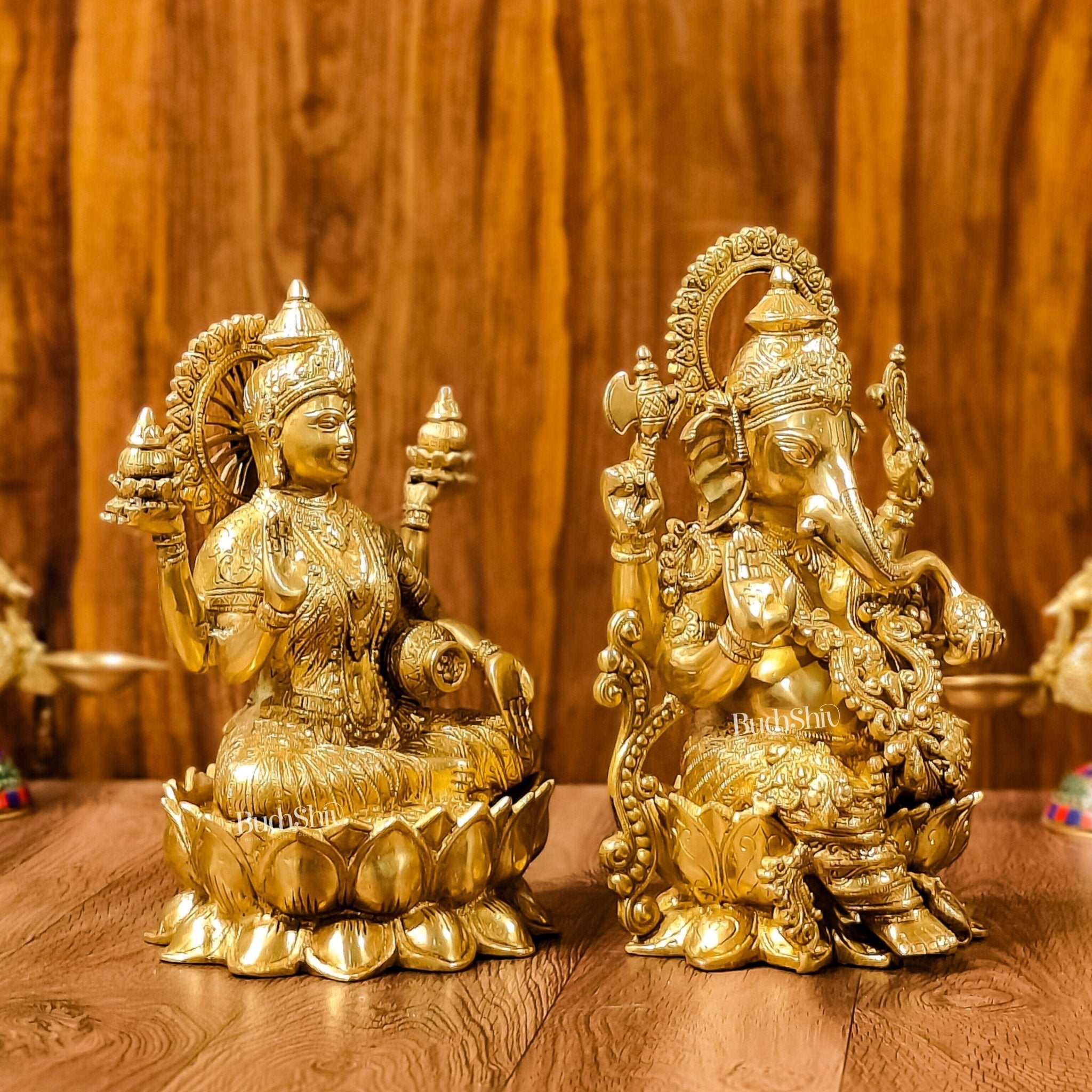 Handcrafted Lord Ganesha and Goddess Lakshmi Brass Idols 12"