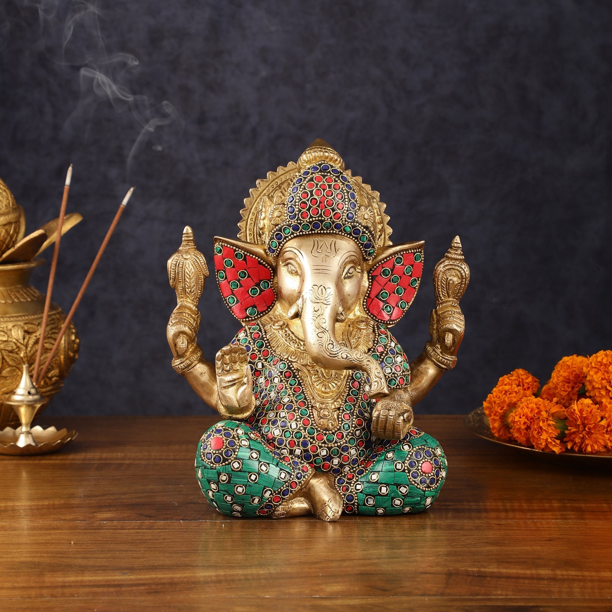 Handcrafted Pure Brass Ganesha Idol with Natural Color Stones - 8" Height