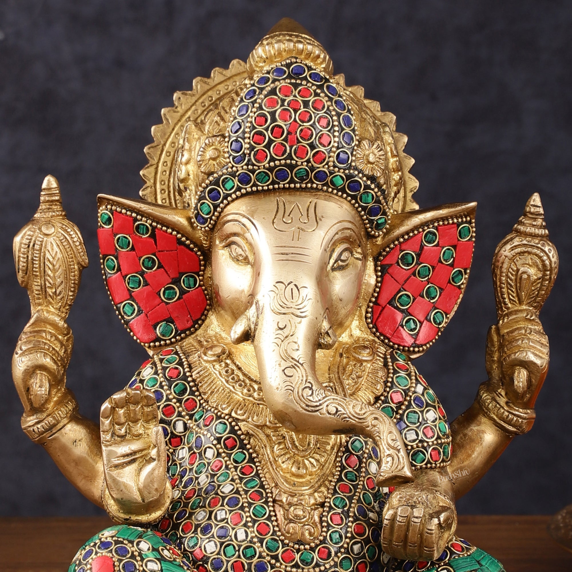Handcrafted Pure Brass Ganesha Idol with Natural Color Stones - 8" Height