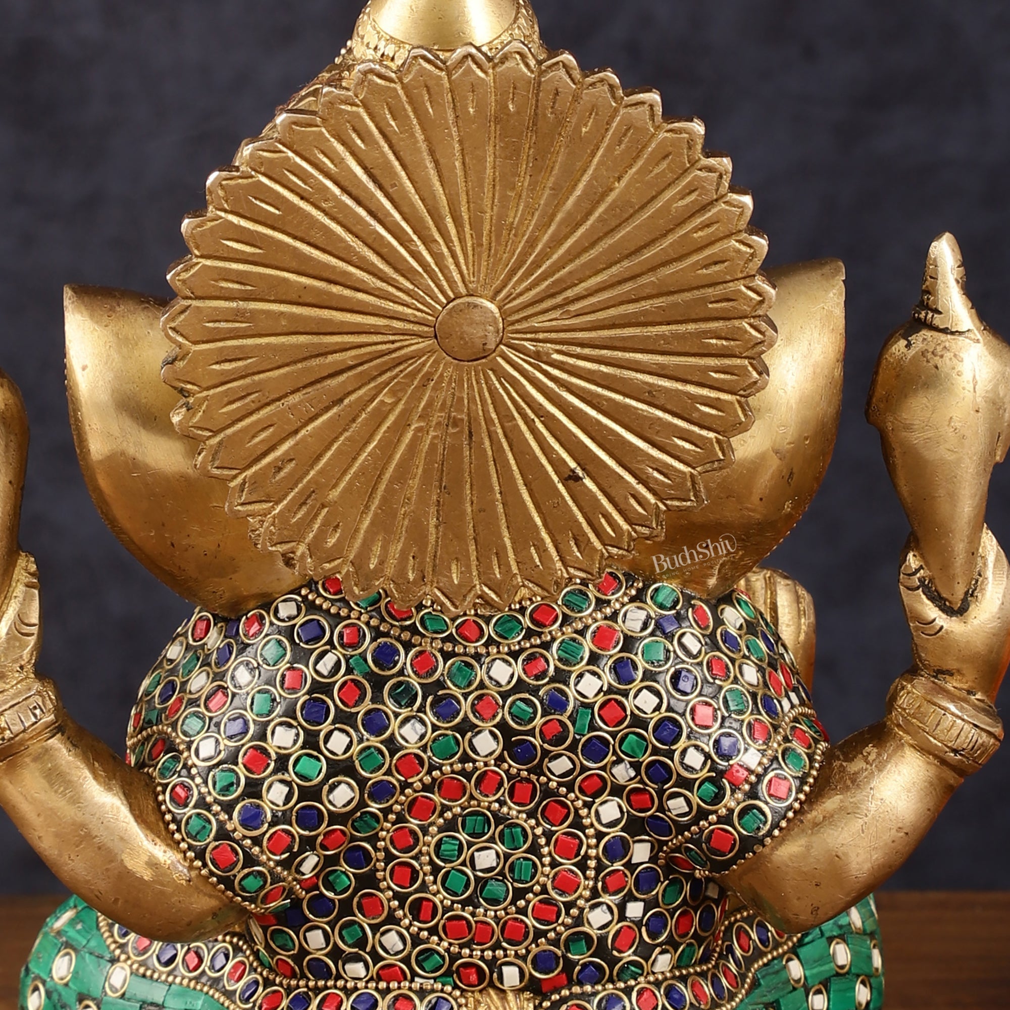 Handcrafted Pure Brass Ganesha Idol with Natural Color Stones - 8" Height