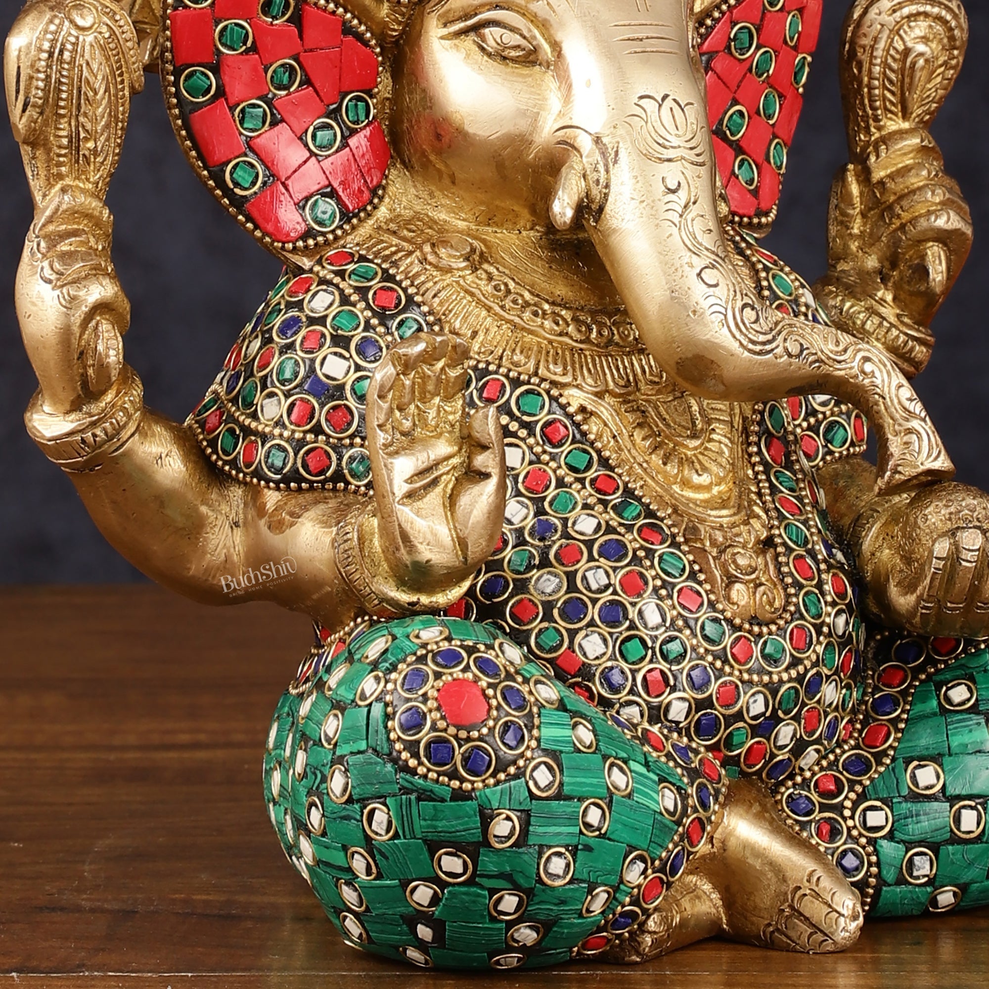 Handcrafted Pure Brass Ganesha Idol with Natural Color Stones - 8" Height