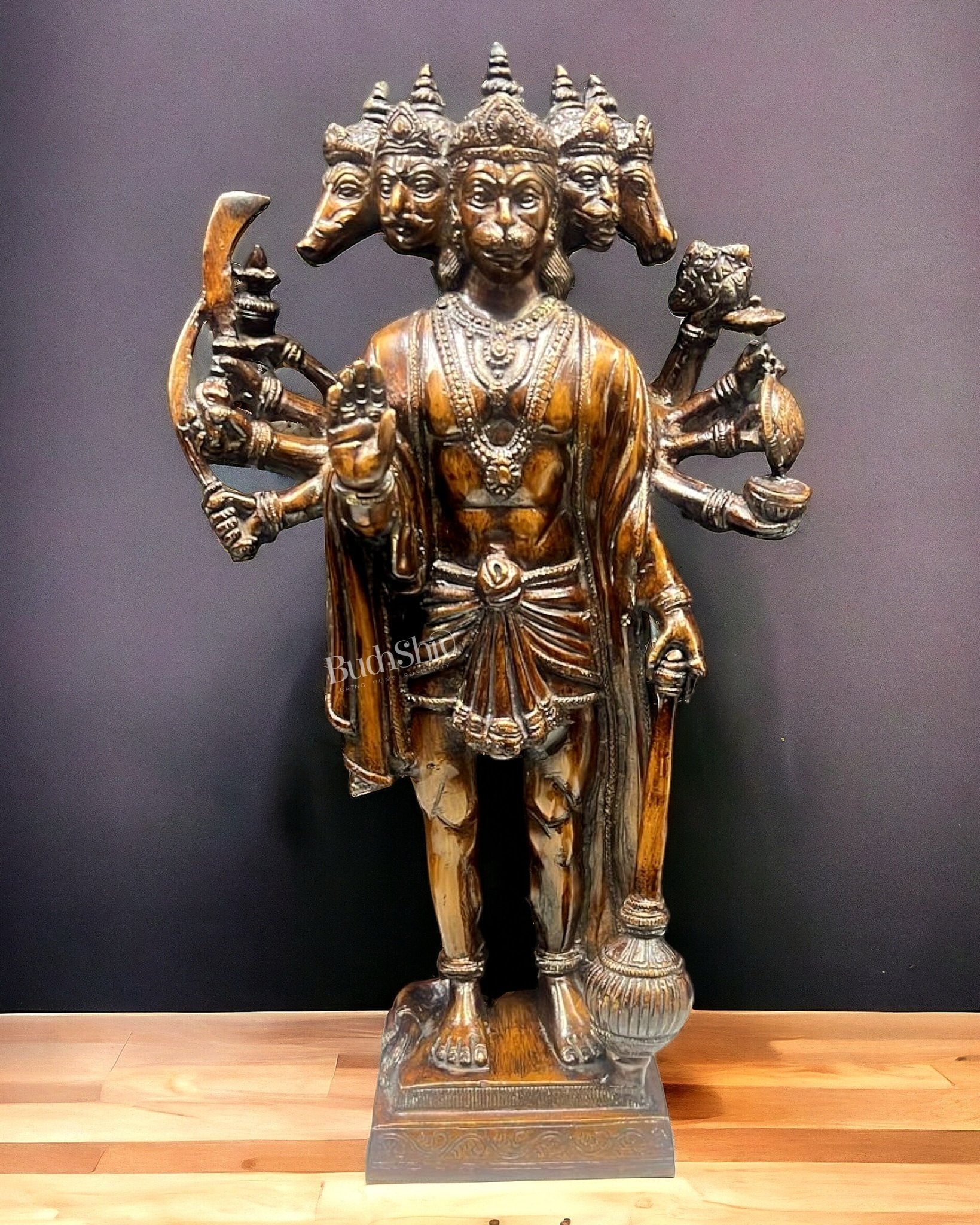 Brass Handcrafted Superfine Brass Panchmukhi Hanuman idol | Standing Tall | 14" Height