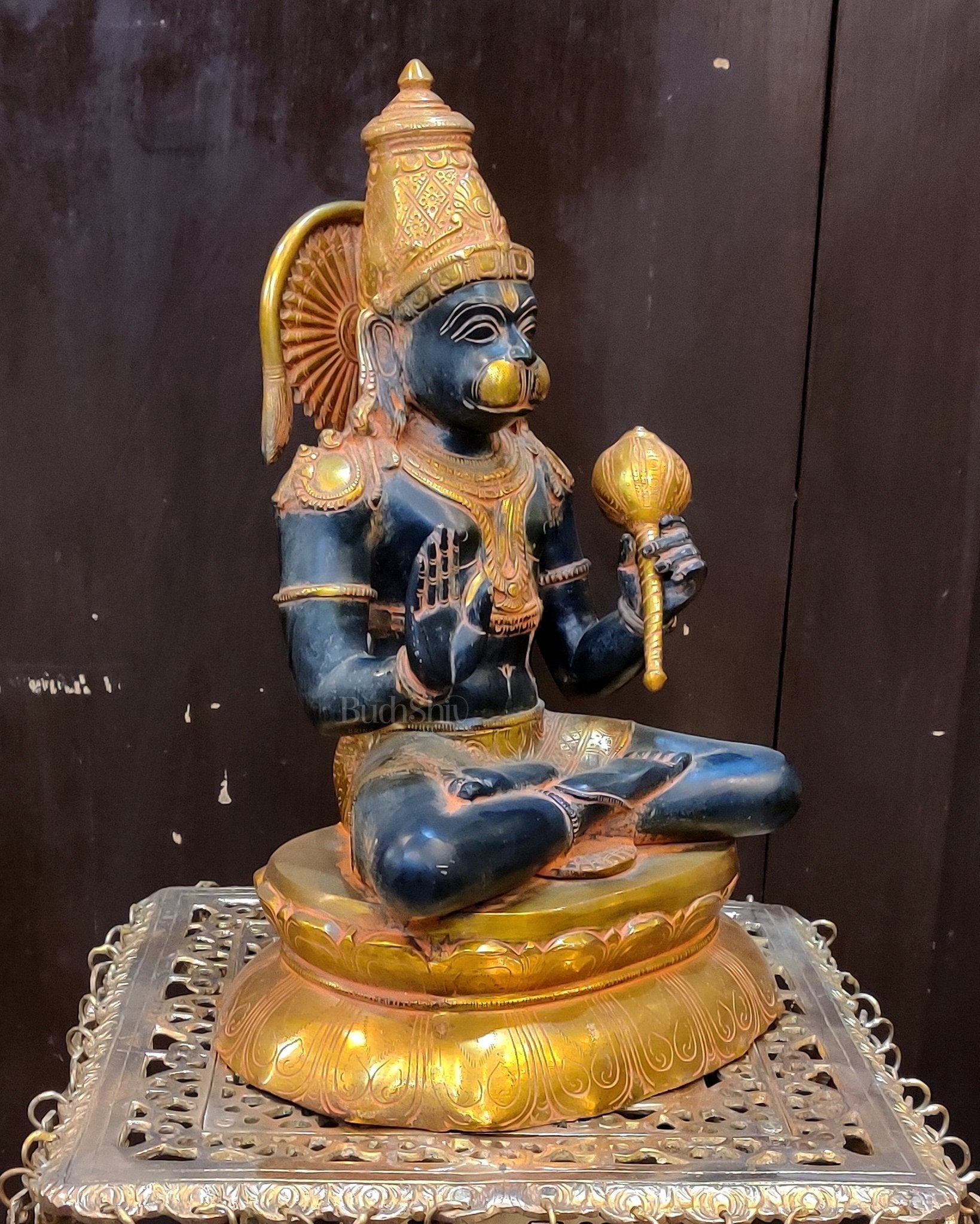 Brass Handmade Superfine Brass Lord Hanuman Statue Black Stone Finish | 16"