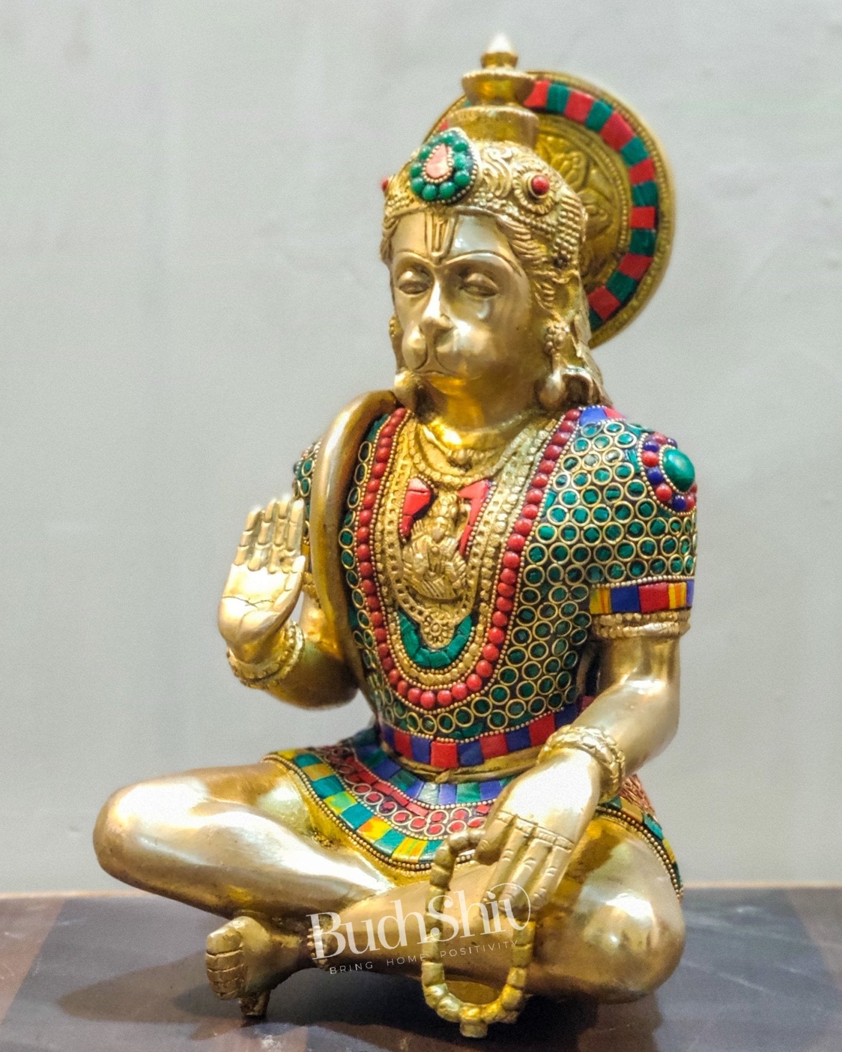 Brass Hanuman Brass Hanuman Idol in Aahirwaad mudra with stonework 11"