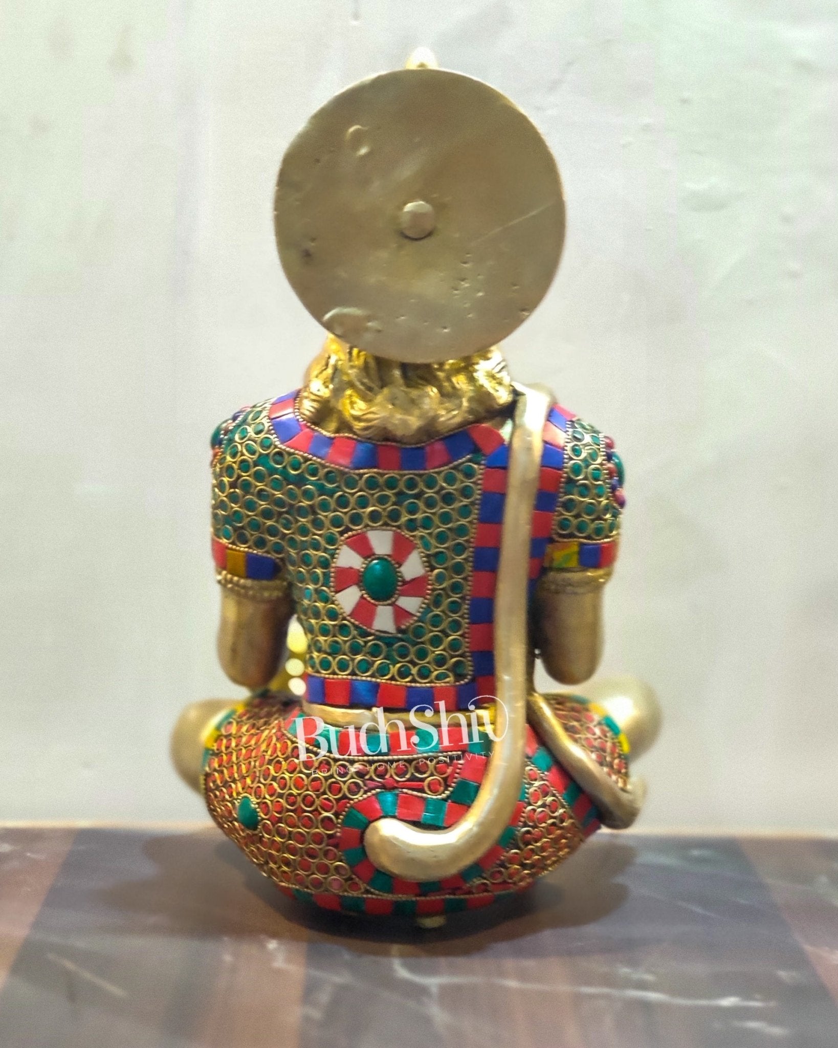 Brass Hanuman Brass Hanuman Idol in Aahirwaad mudra with stonework 11"