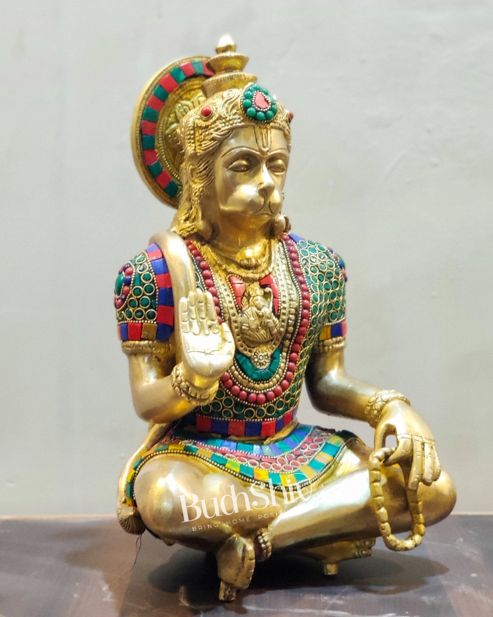 Brass Hanuman Brass Hanuman Idol in Aahirwaad mudra with stonework 11"