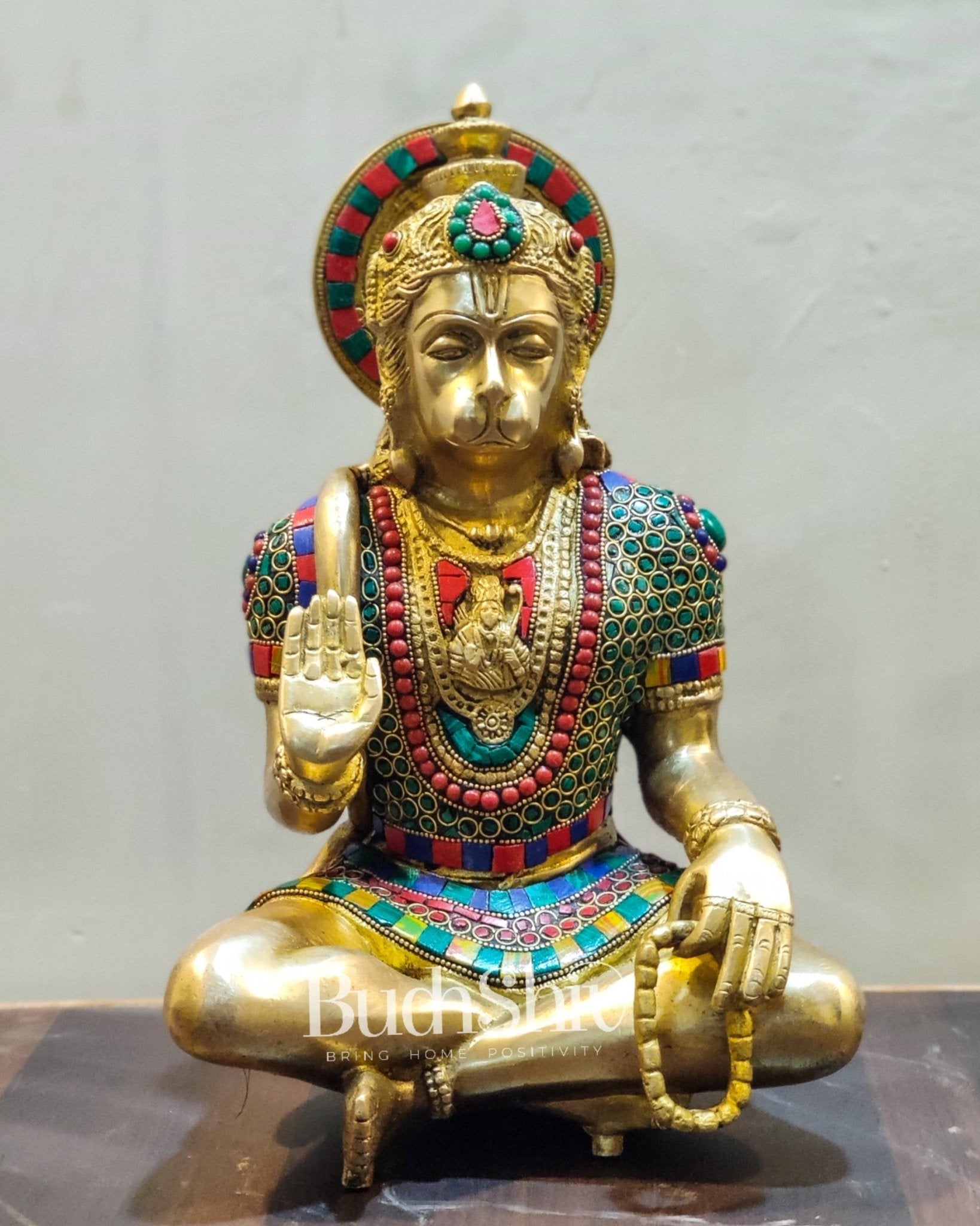 Brass Hanuman Brass Hanuman Idol in Aahirwaad mudra with stonework 11"