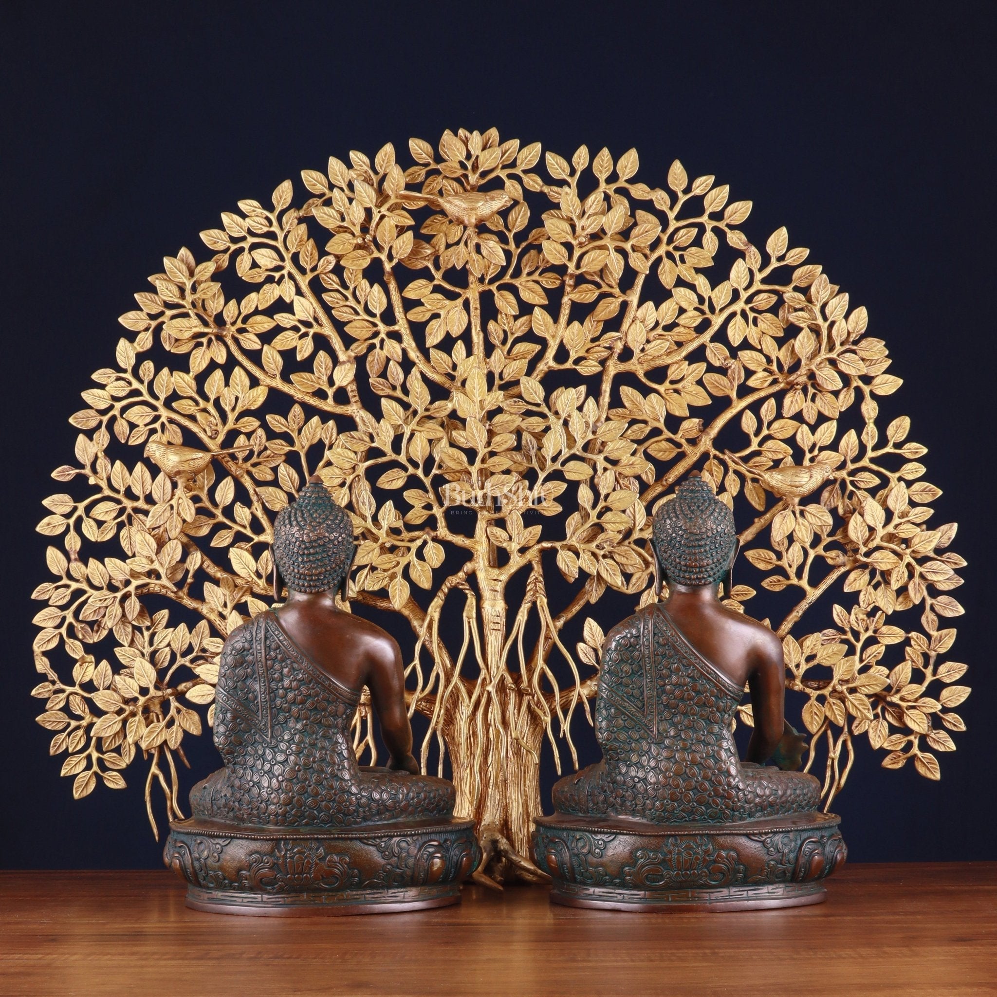 Pair of Brass Buddha Blessing Statues & Superfine Kalpavriksha Tree