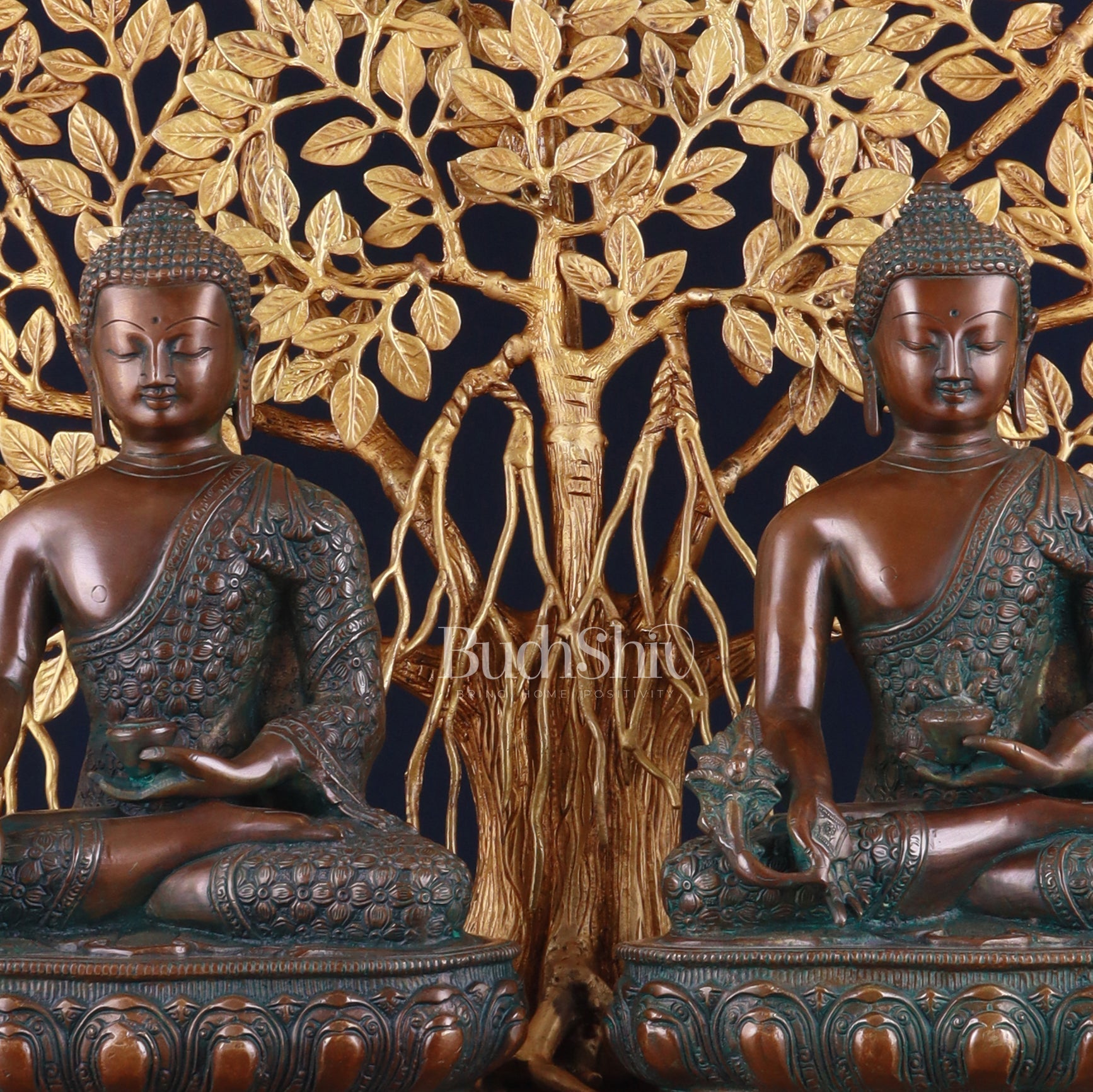 Pair of Brass Buddha Blessing Statues & Superfine Kalpavriksha Tree