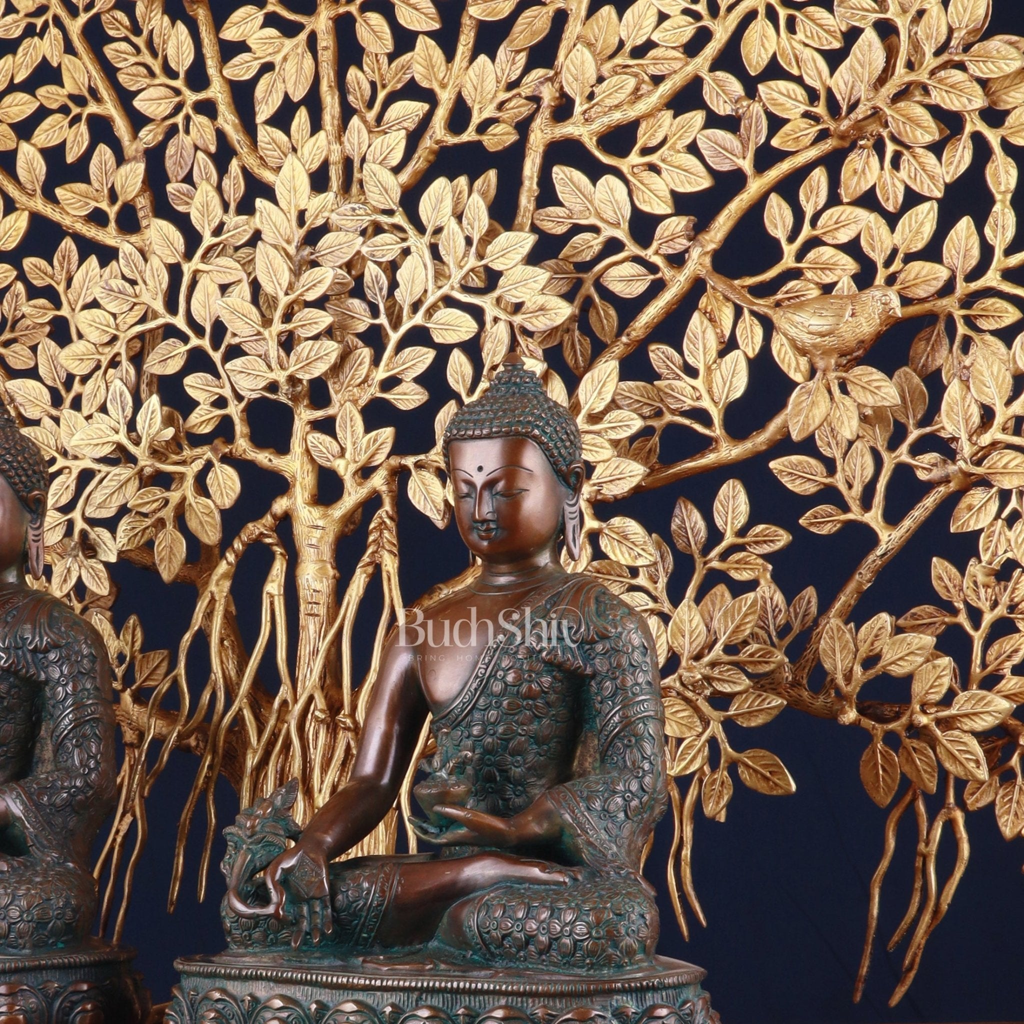 Pair of Brass Buddha Blessing Statues & Superfine Kalpavriksha Tree