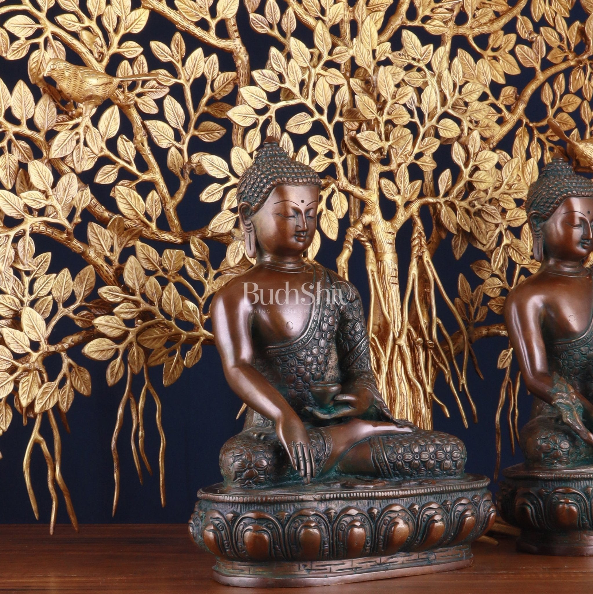 Pair of Brass Buddha Blessing Statues & Superfine Kalpavriksha Tree