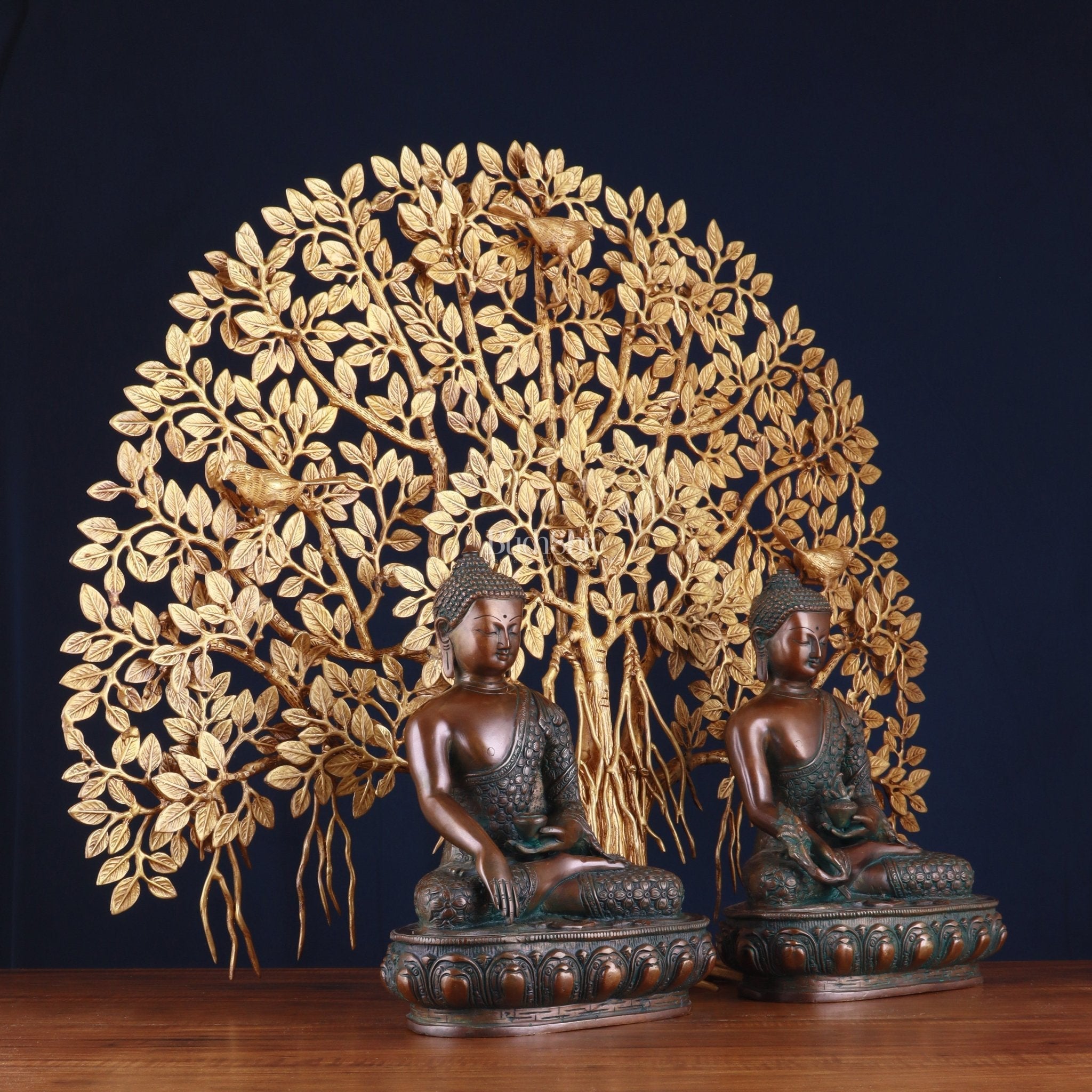 Pair of Brass Buddha Blessing Statues & Superfine Kalpavriksha Tree