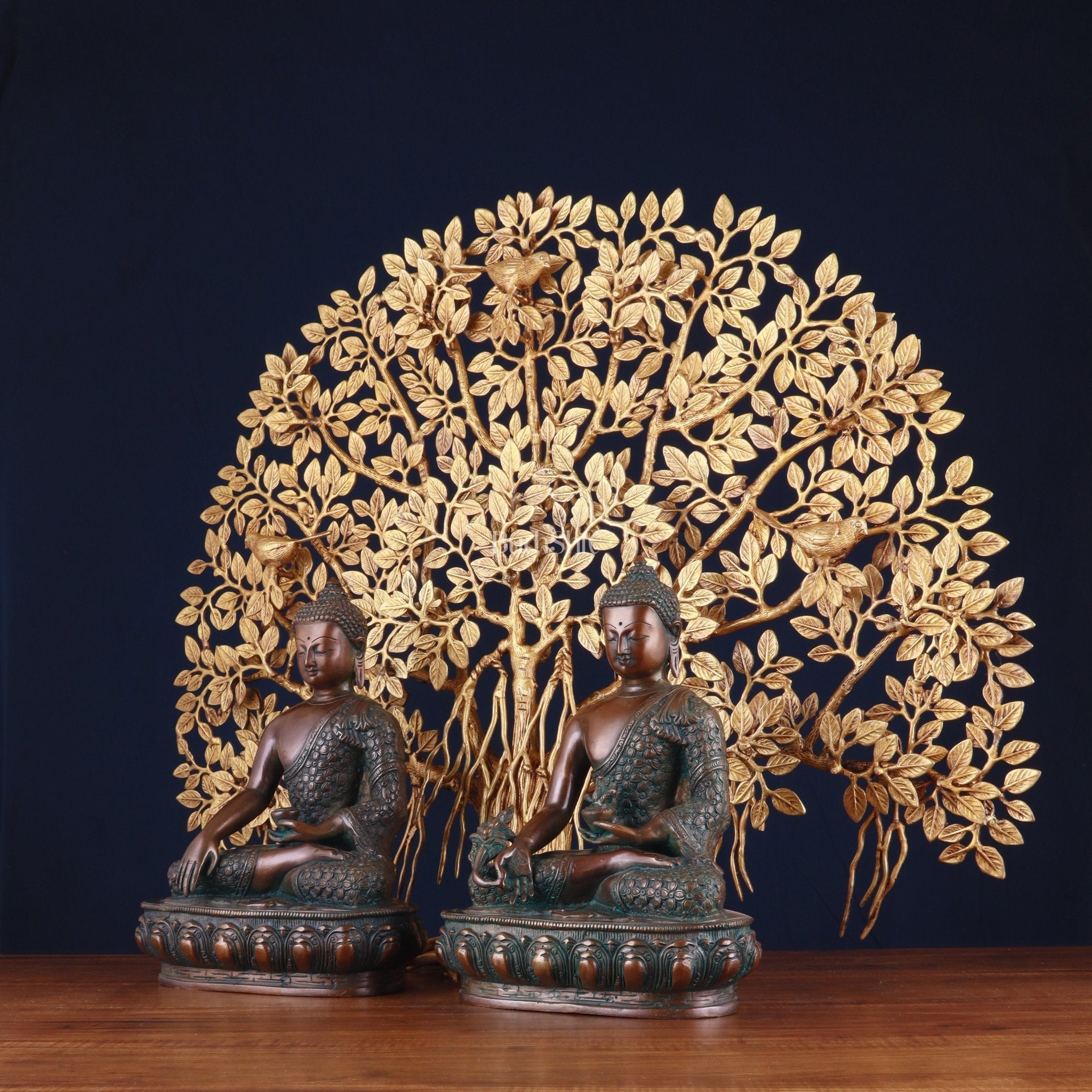Pair of Brass Buddha Blessing Statues & Superfine Kalpavriksha Tree
