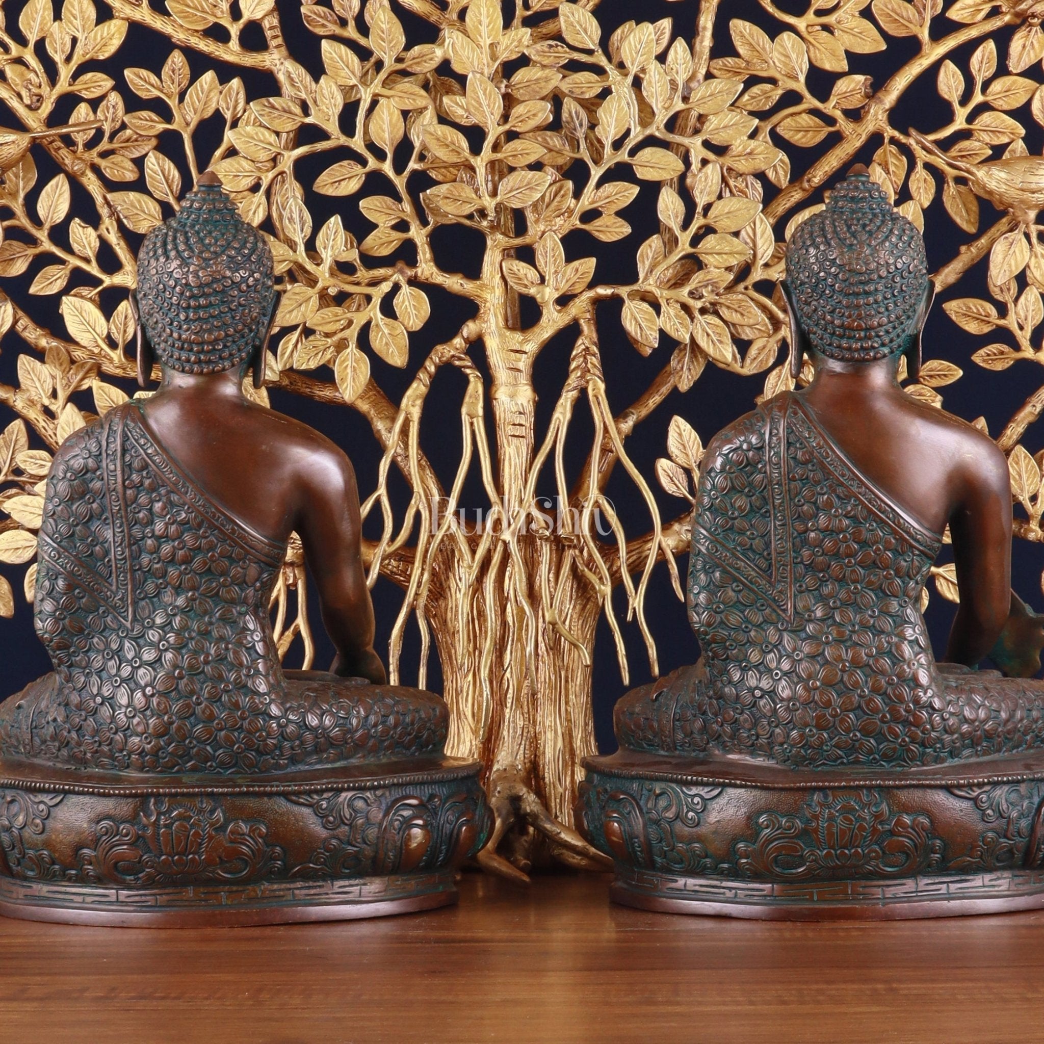 Pair of Brass Buddha Blessing Statues & Superfine Kalpavriksha Tree