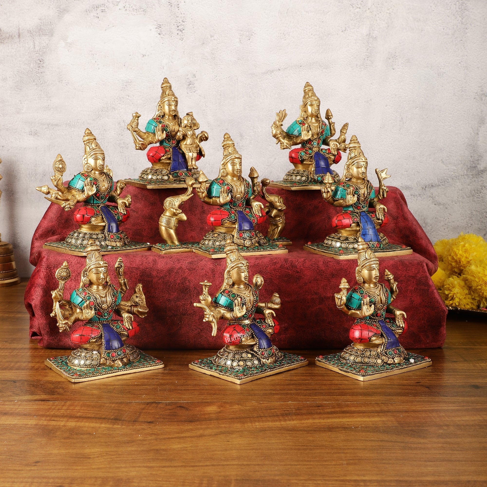 Pure Brass Ashtalakshmi Idols with Stonework - Set of 8 pcs - 5.5 inch