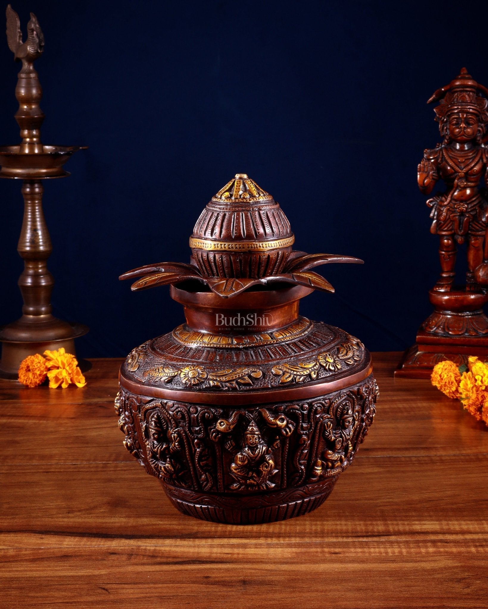 Pure Brass Ashtalakshmi Kalash with Detachable Top – Copper Tone – 11”