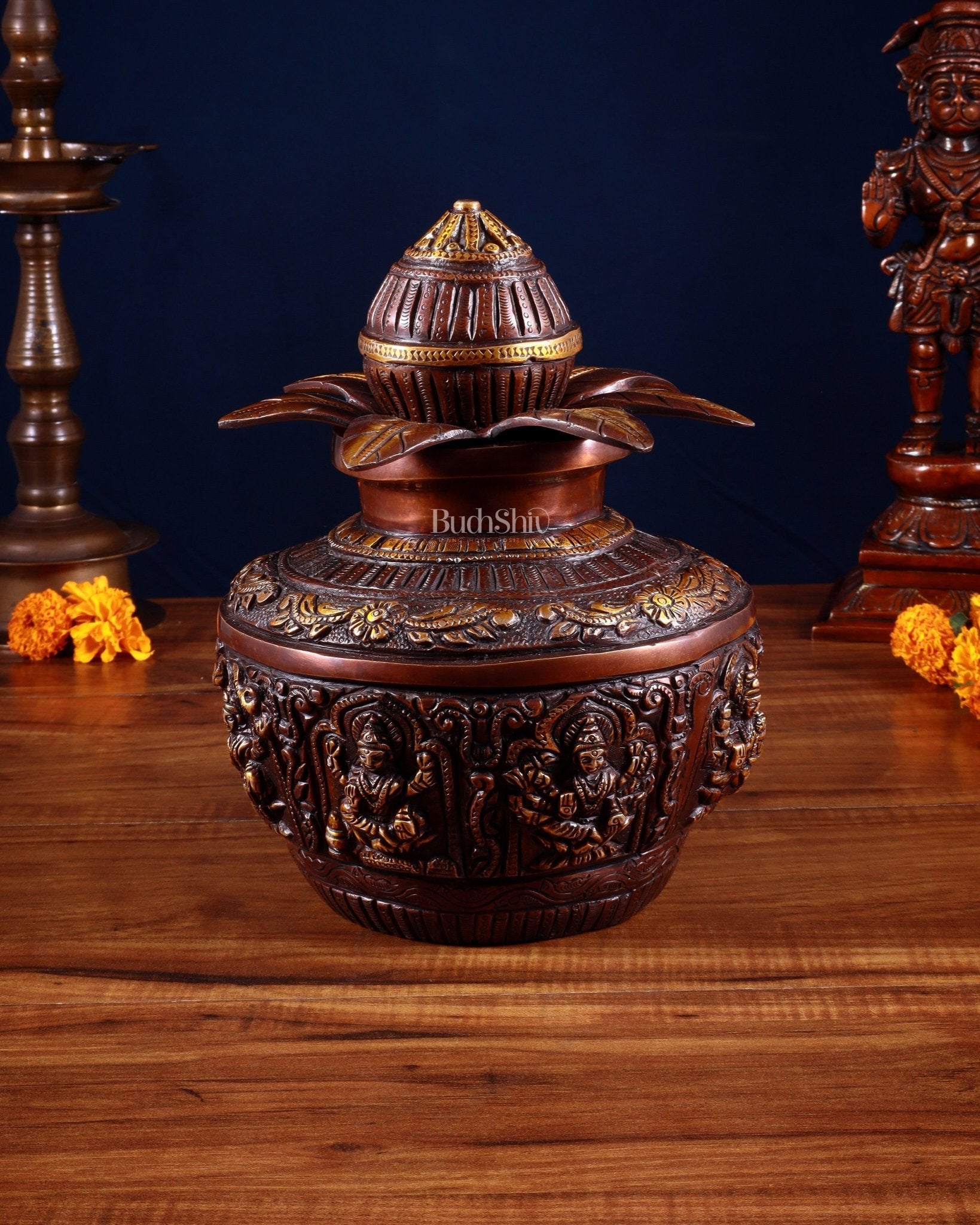 Pure Brass Ashtalakshmi Kalash with Detachable Top – Copper Tone – 11”