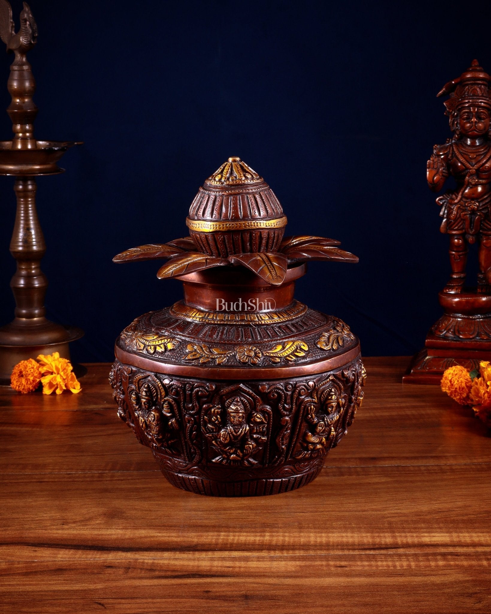 Pure Brass Ashtalakshmi Kalash with Detachable Top – Copper Tone – 11”