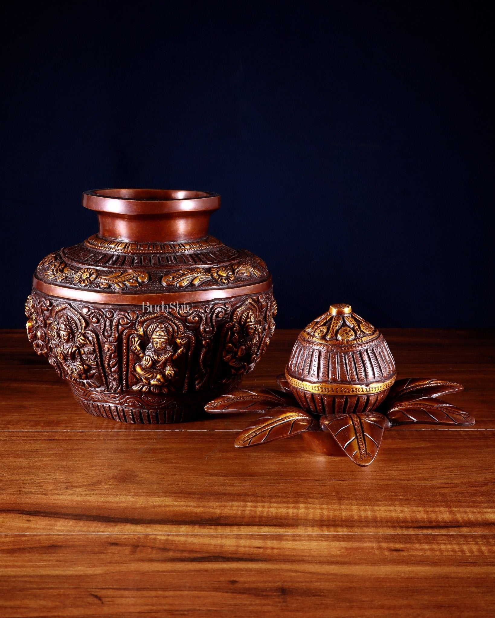 Pure Brass Ashtalakshmi Kalash with Detachable Top – Copper Tone – 11”