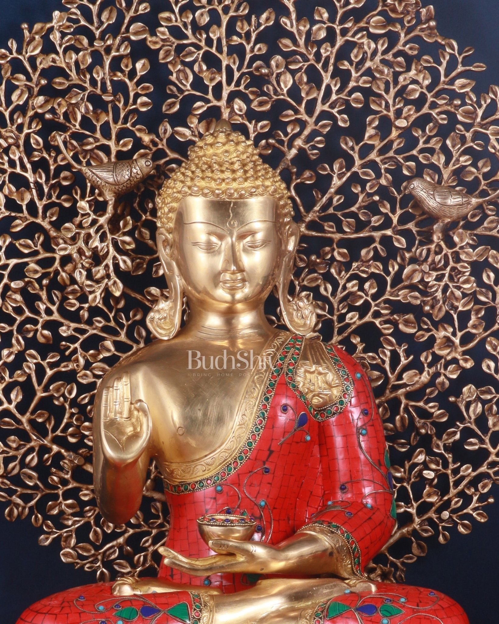 Pure Brass Buddha meenakari Stonework with Kalpavriksha Tree Statue 29"