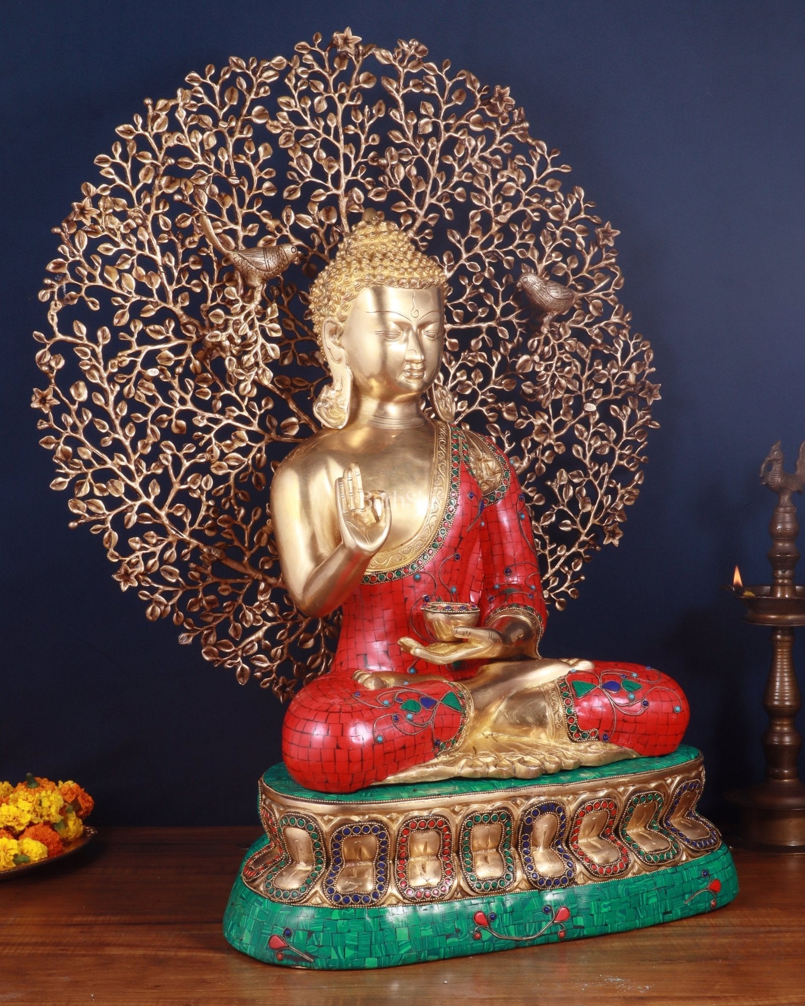 Pure Brass Buddha meenakari Stonework with Kalpavriksha Tree Statue 29"