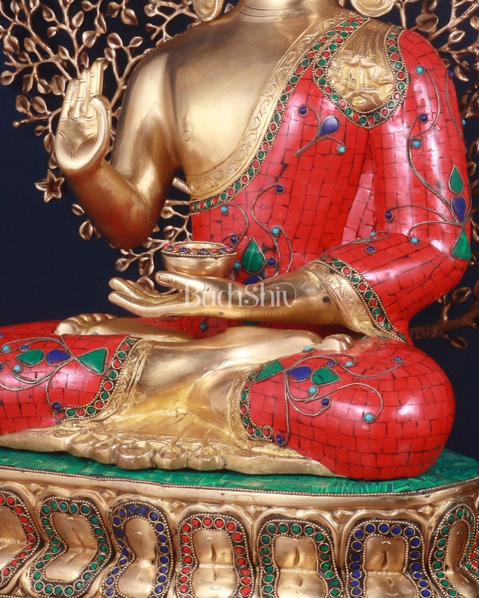 Pure Brass Buddha meenakari Stonework with Kalpavriksha Tree Statue 29"