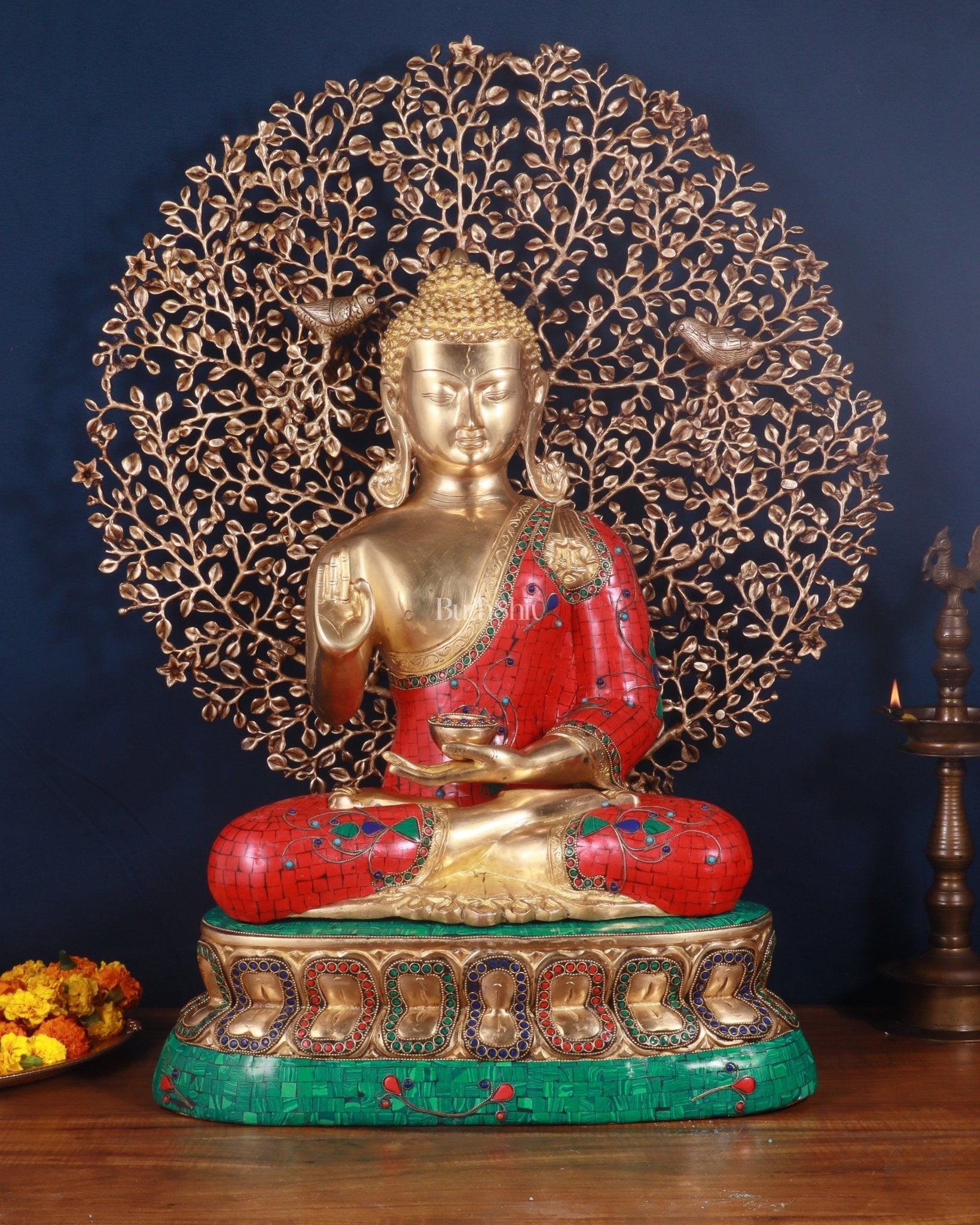 Pure Brass Buddha meenakari Stonework with Kalpavriksha Tree Statue 29"