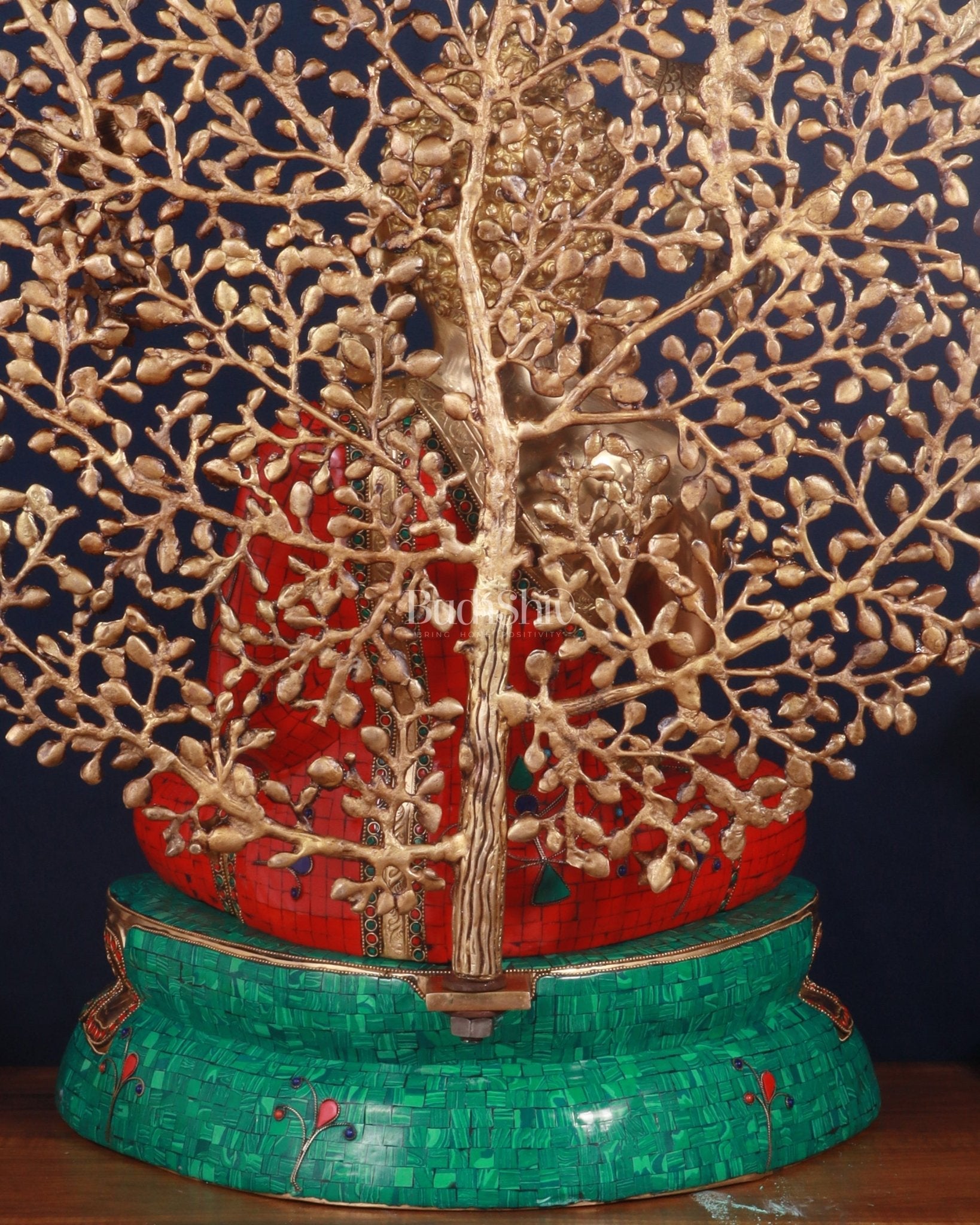 Pure Brass Buddha meenakari Stonework with Kalpavriksha Tree Statue 29"