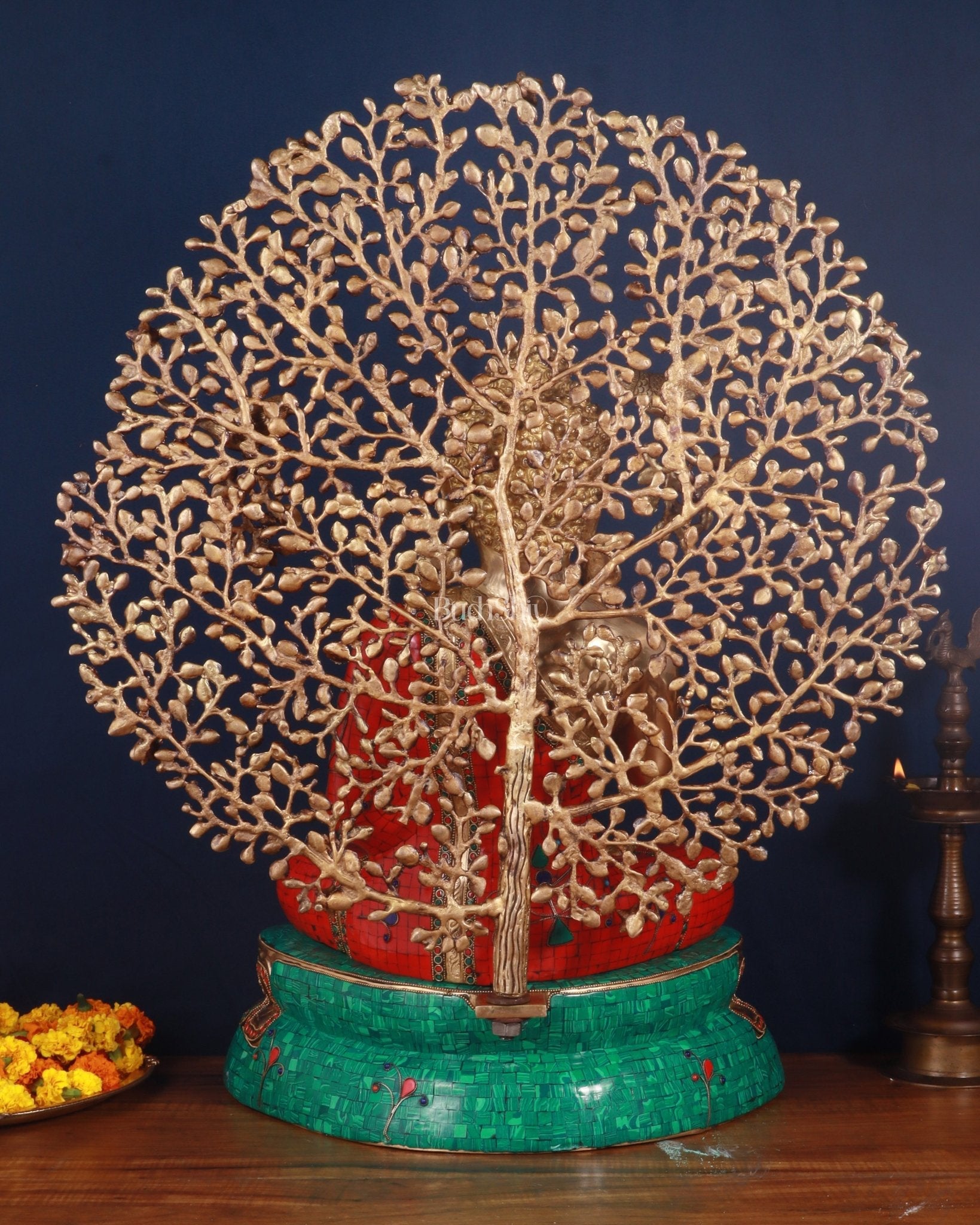 Pure Brass Buddha meenakari Stonework with Kalpavriksha Tree Statue 29"
