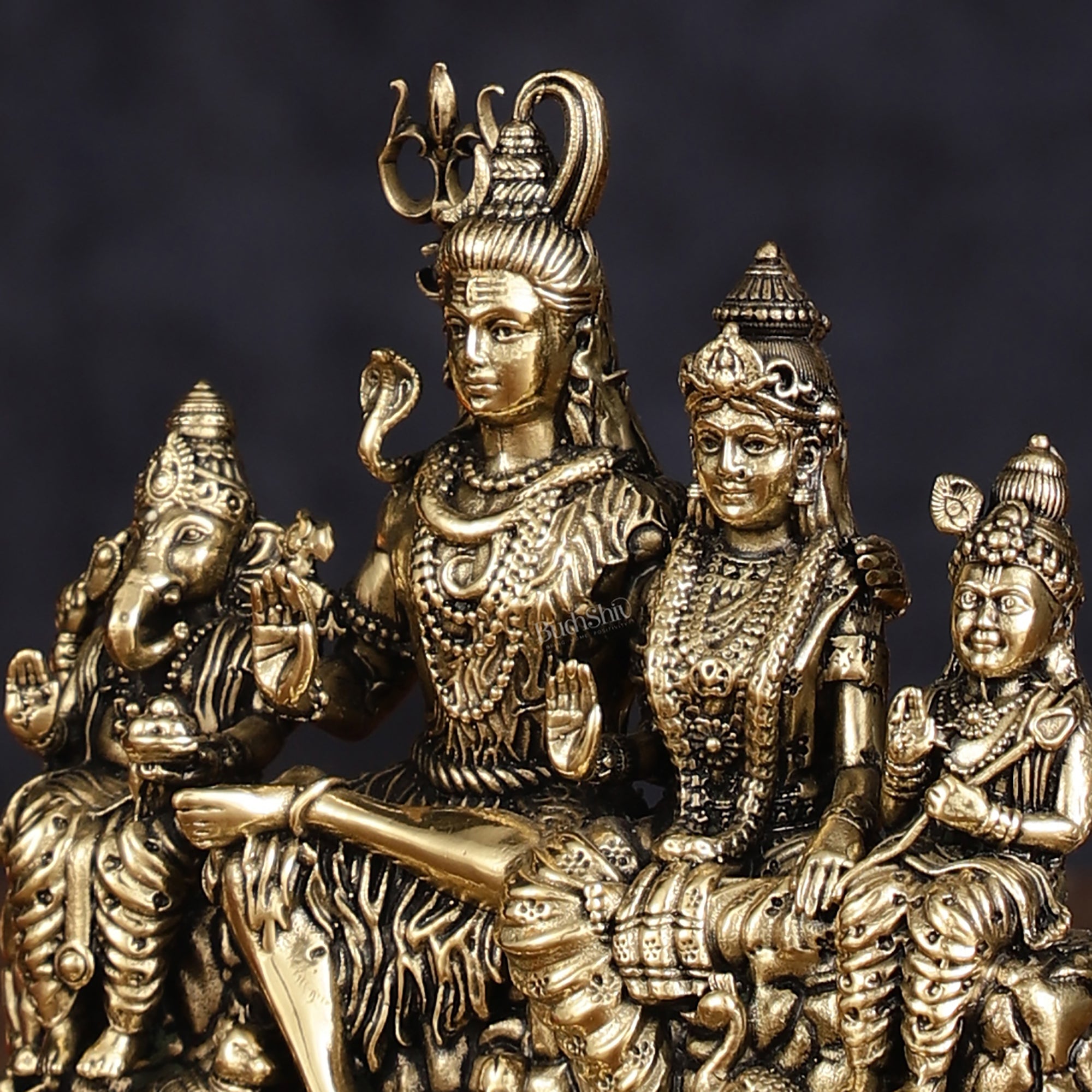 Pure Brass Intricately Carved Complete Shiv Parivar Idol - 3.5" Tall