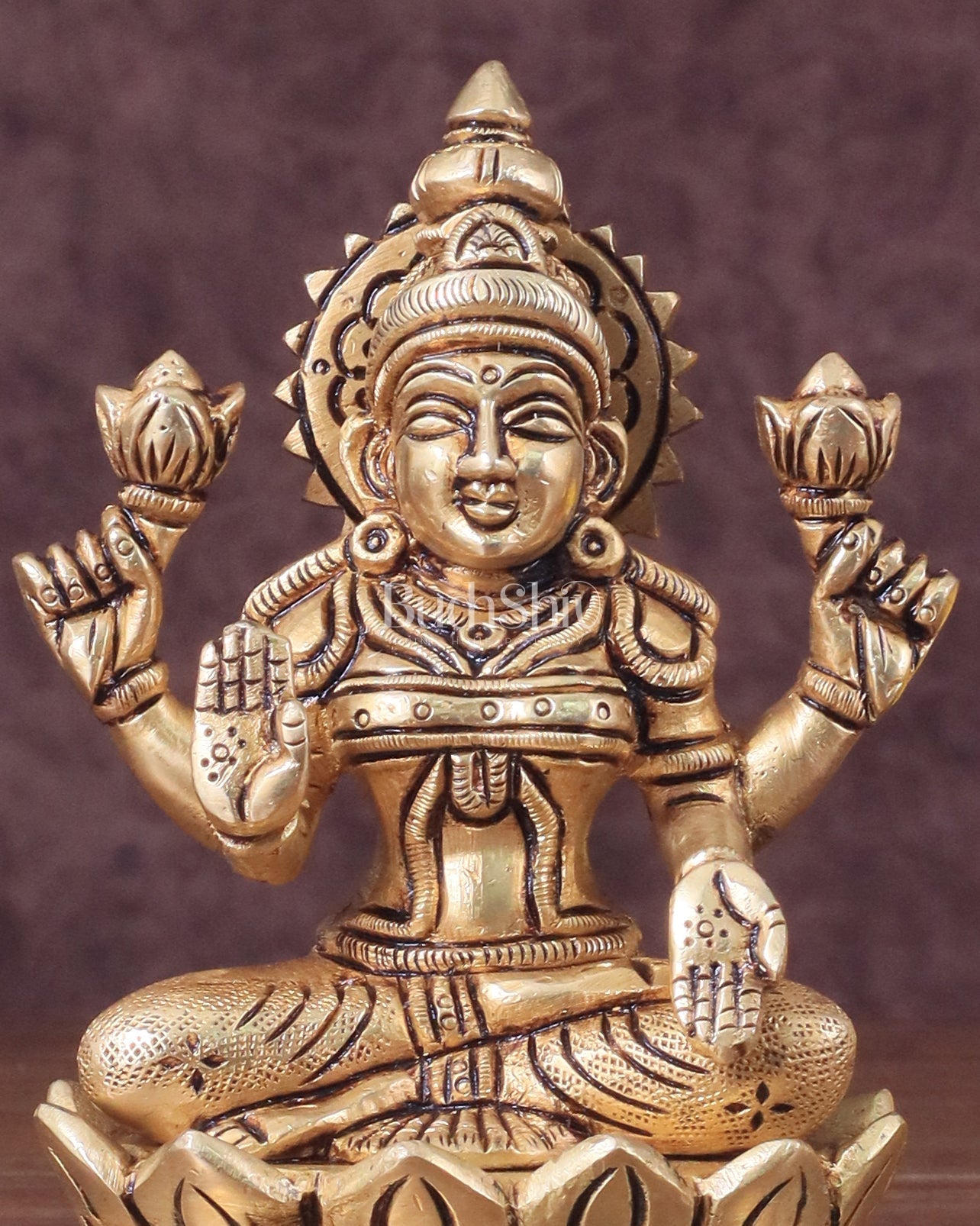 Pure Brass lakshmi in Lotus Base Idol - 5.5"